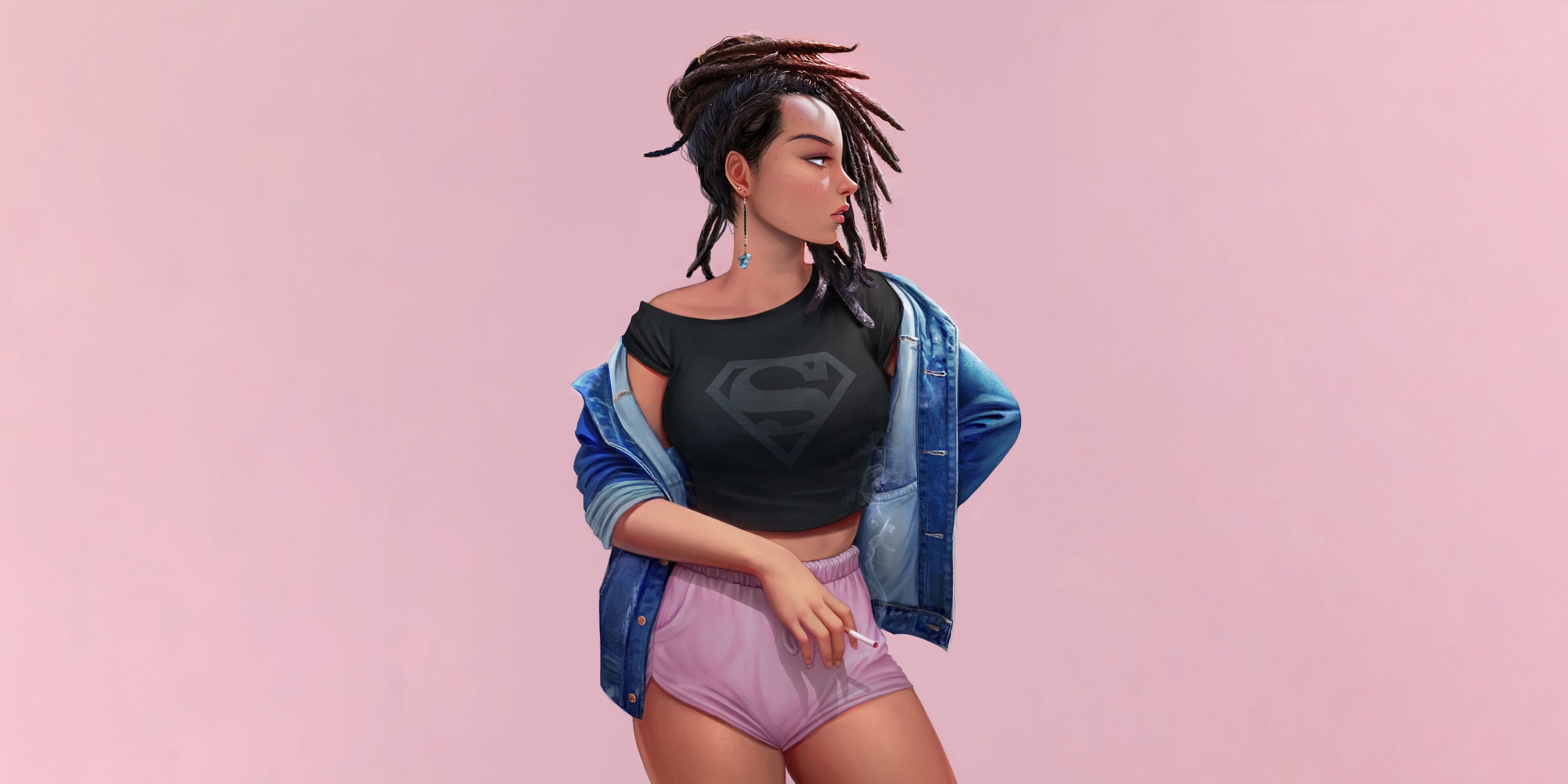 pink background, women, artwork, Superman, dreadlocks, freckles, shorts, cigarettes, HD Wallpaper