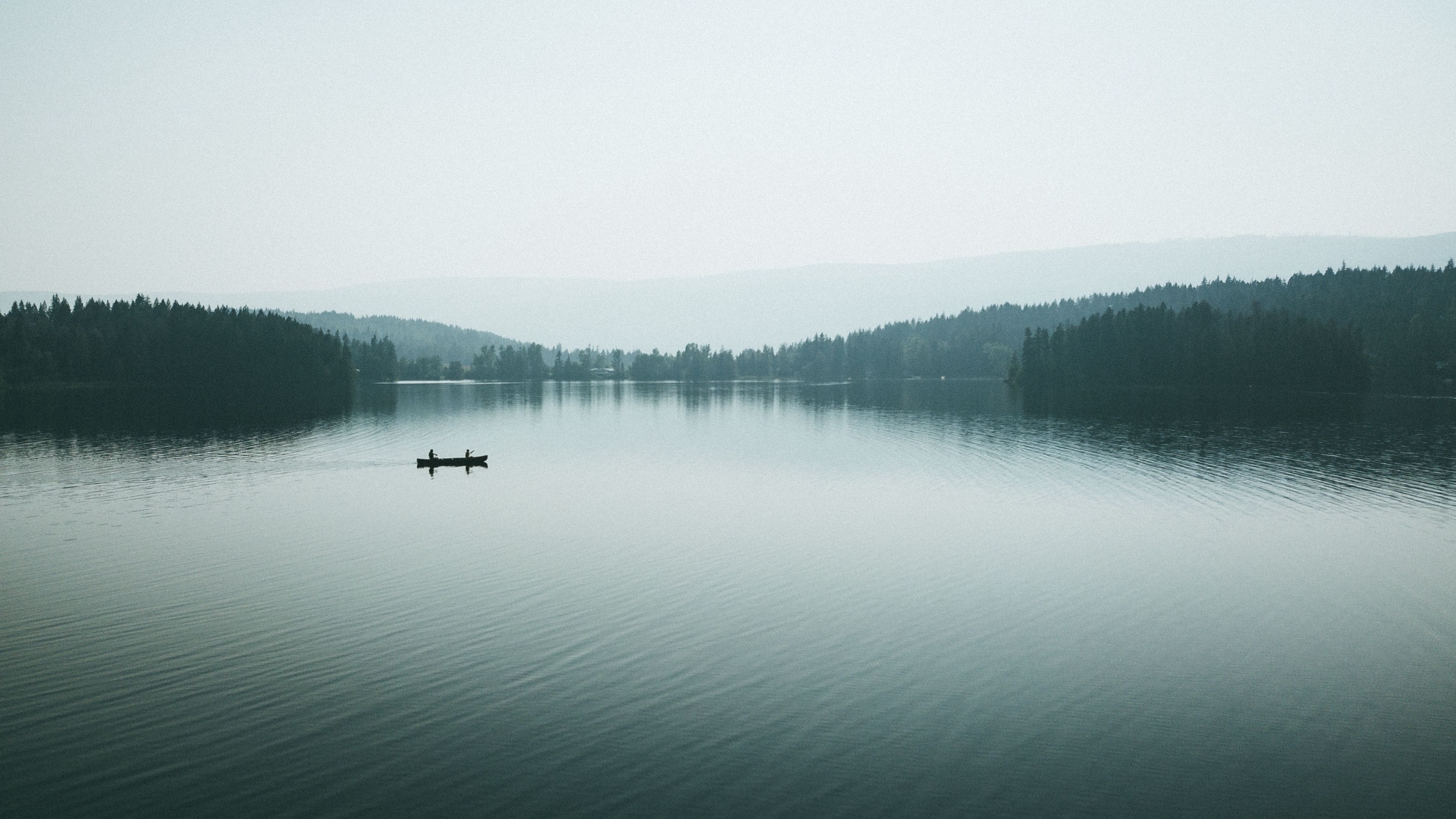 canoe, boat, lake, fog, silhouettes, 4k, HD Wallpaper