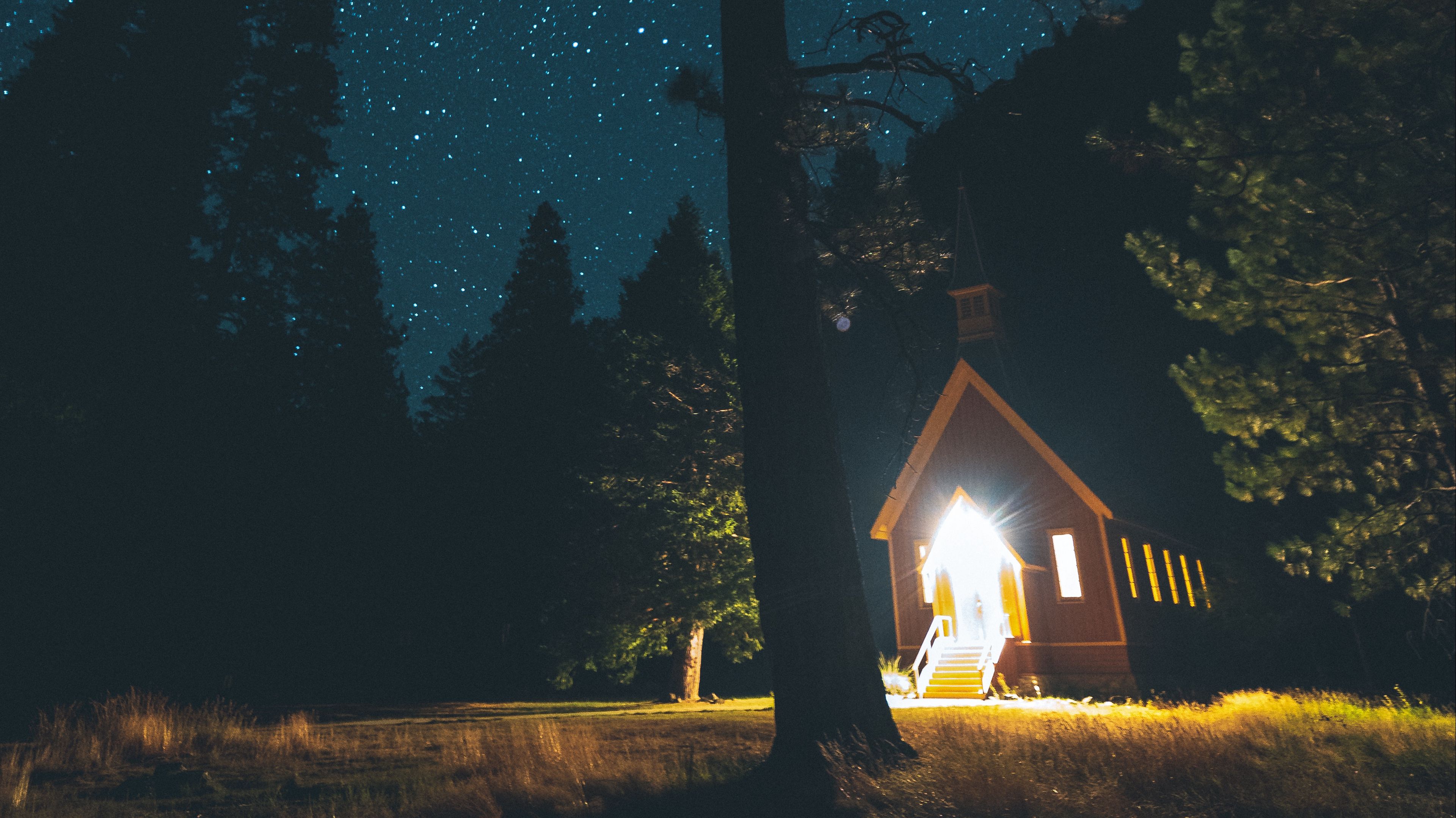 starry sky, house, forest, night, 4k, HD Wallpaper