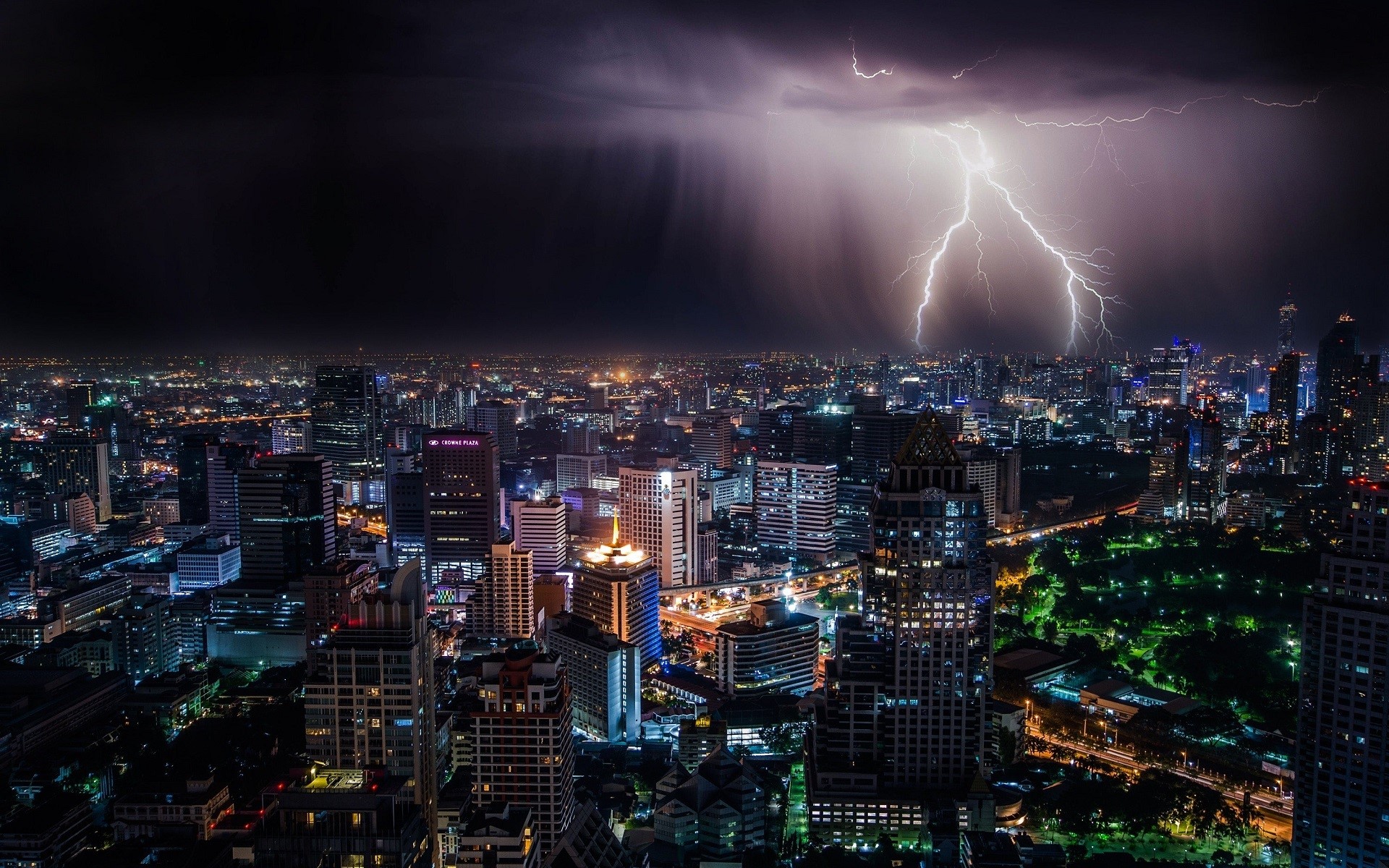 city, cityscape, lightning, night, city lights, Bangkok, Thailand, HD Wallpaper