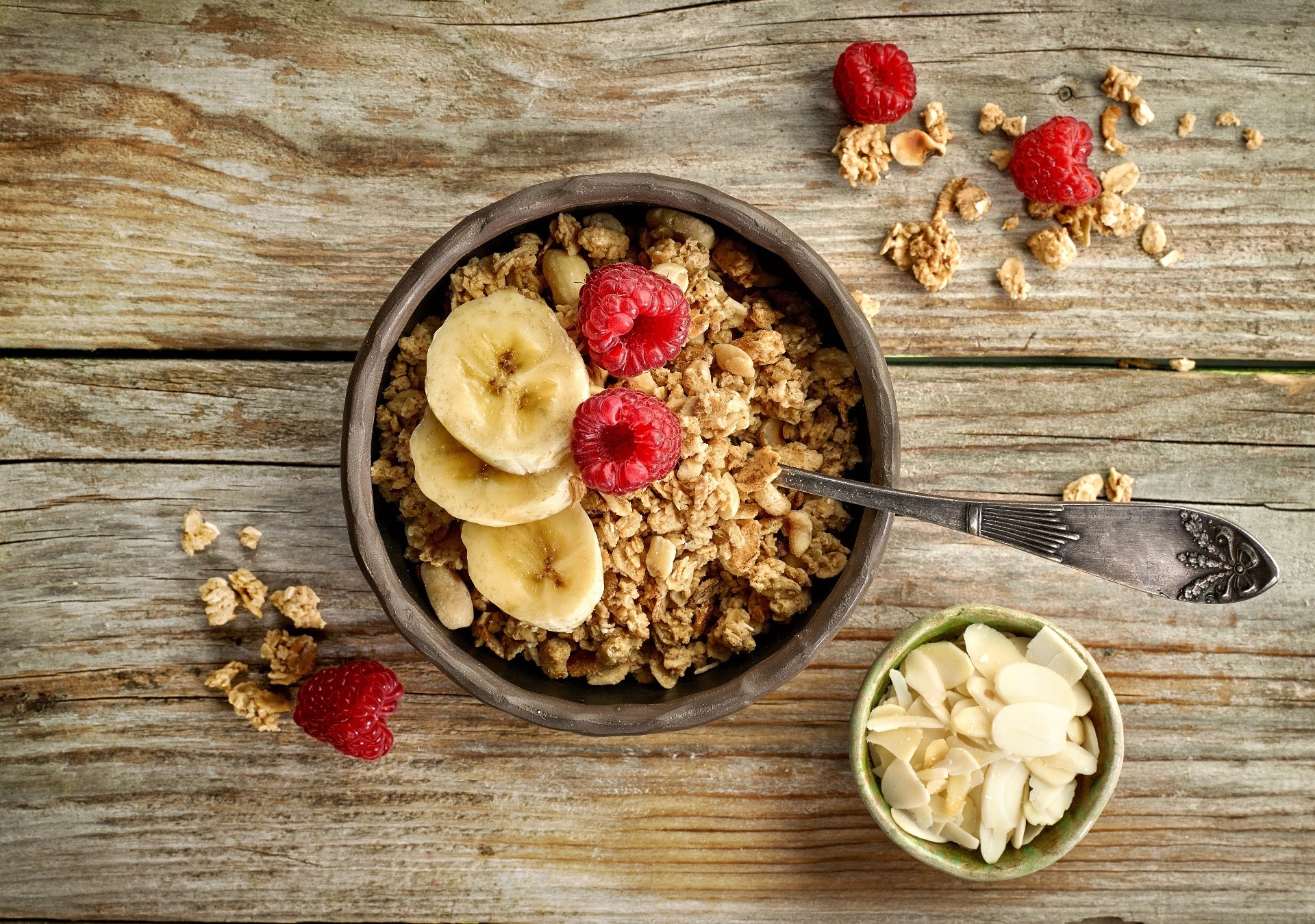 fruit, food, bowls, raspberries, bananas, nuts, cereal, spoon, wooden surface, HD Wallpaper