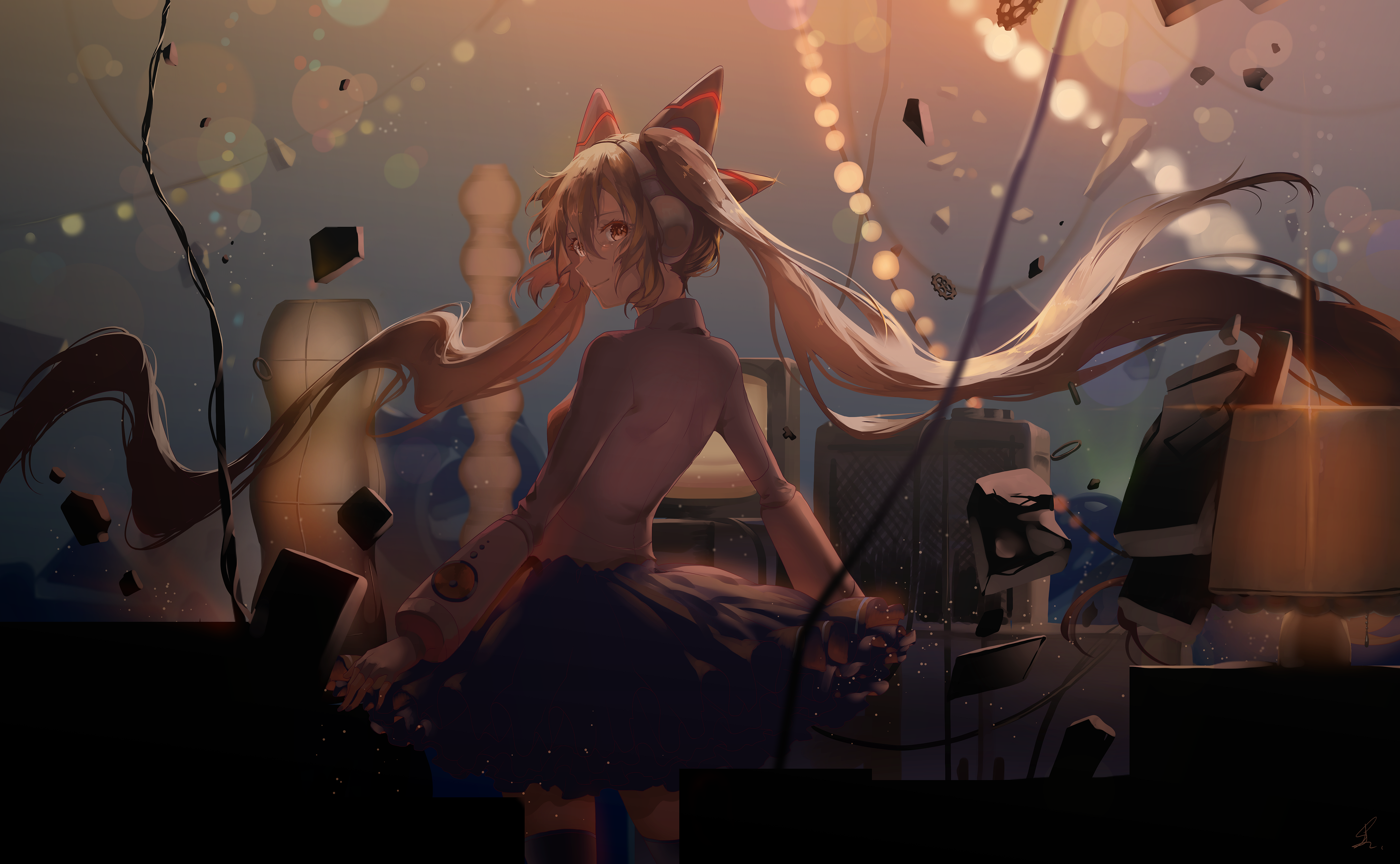 Hatsune Miku, Vocaloid, anime, anime girls, long hair, pigtails, headphones, looking over shoulder, shirt, skirt, lights, destruction, fantasy art, artwork, drawing, digital art, illustration, 2D, fan art, Pixiv, HD Wallpaper
