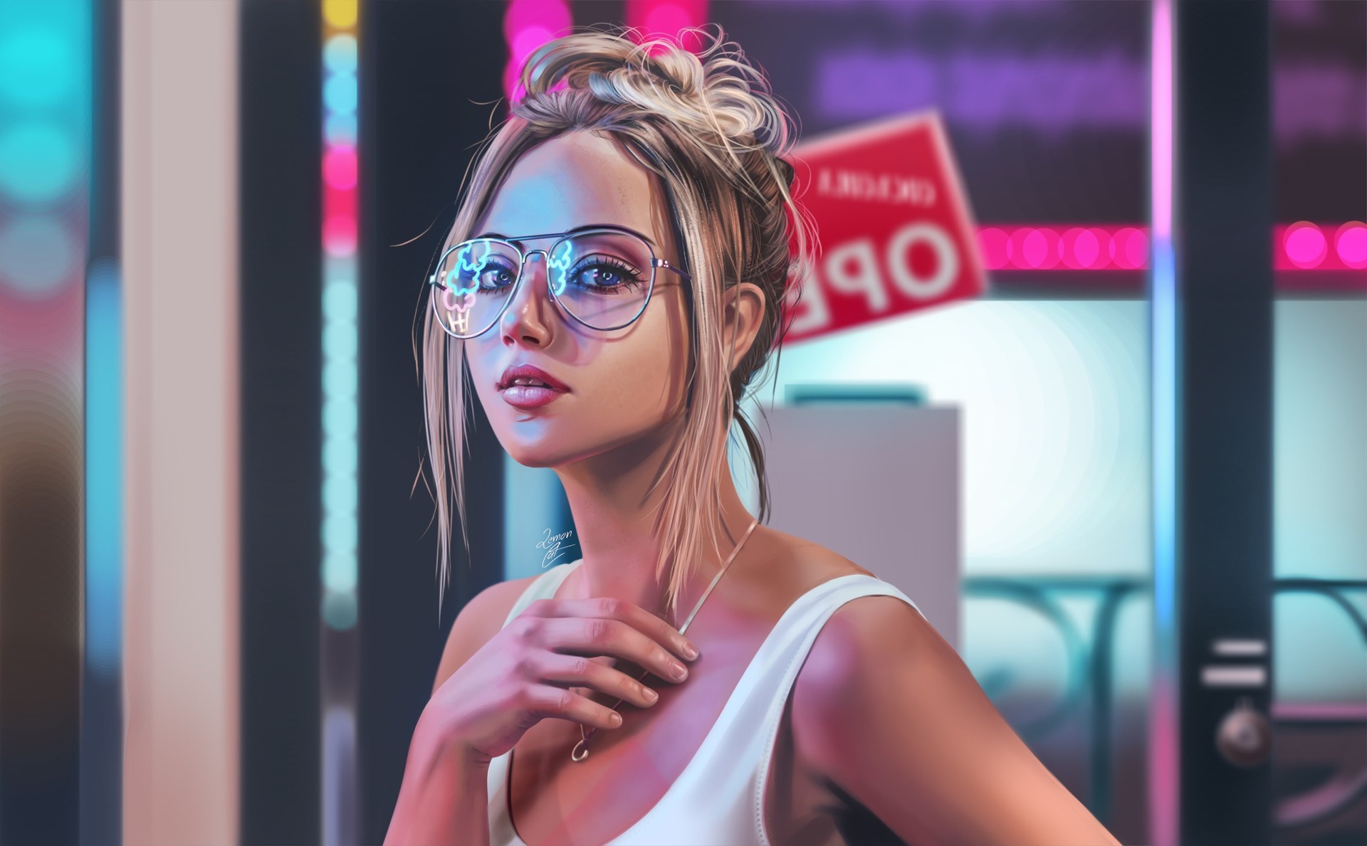 artwork, women with glasses, blonde, women, Brandon Woelfel, neon, neon sign, digital art, HD Wallpaper
