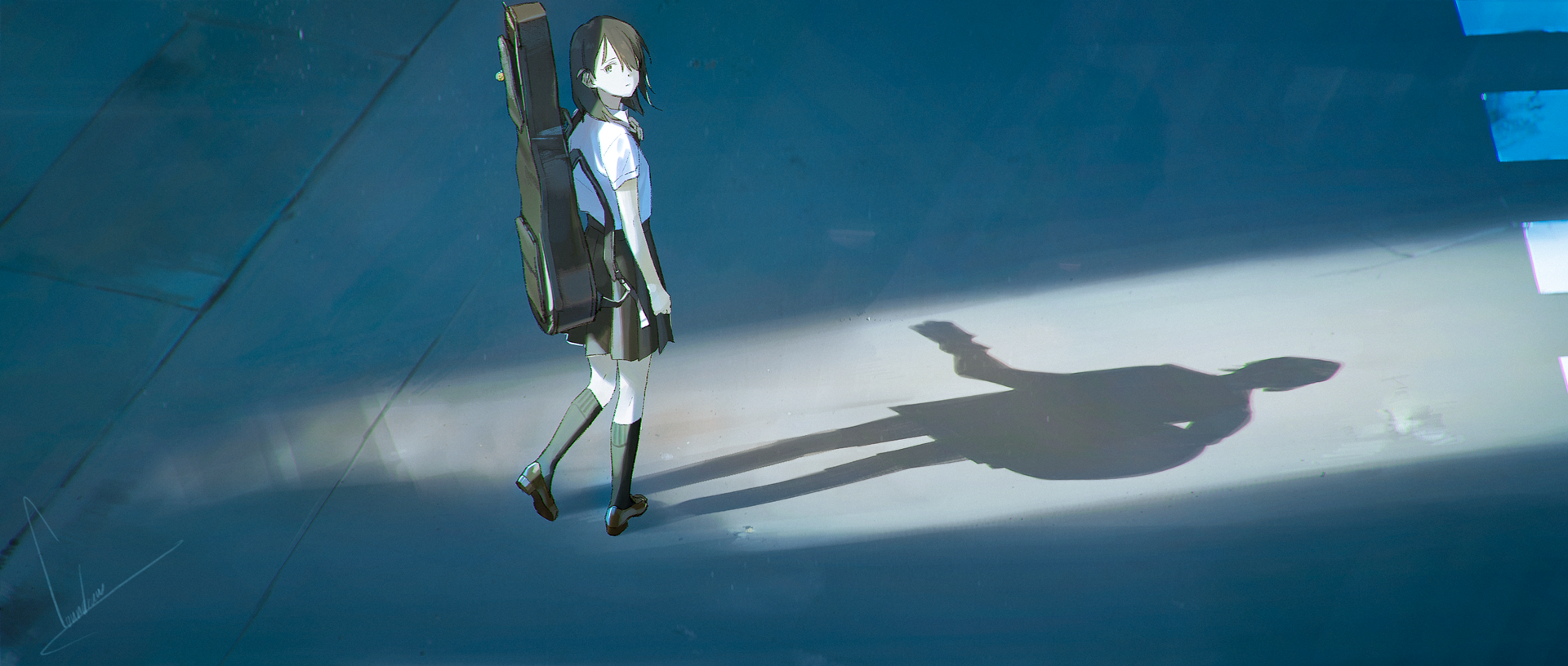 anime, anime girls, digital art, artwork, portrait, brunette, guitar, skirt, socks, school uniform, city, long hair, HD Wallpaper