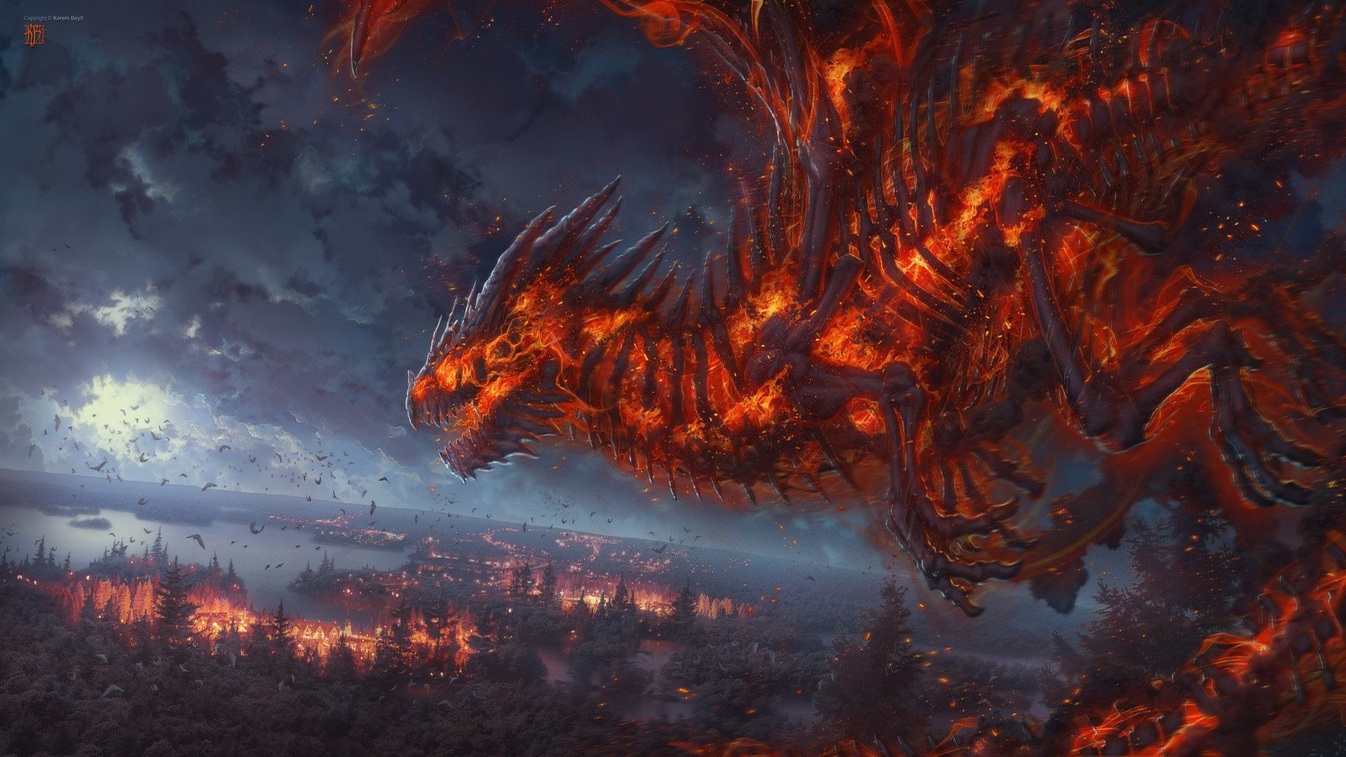 artwork, fantasy art, dragon, fire, forest, bats, lake, HD Wallpaper
