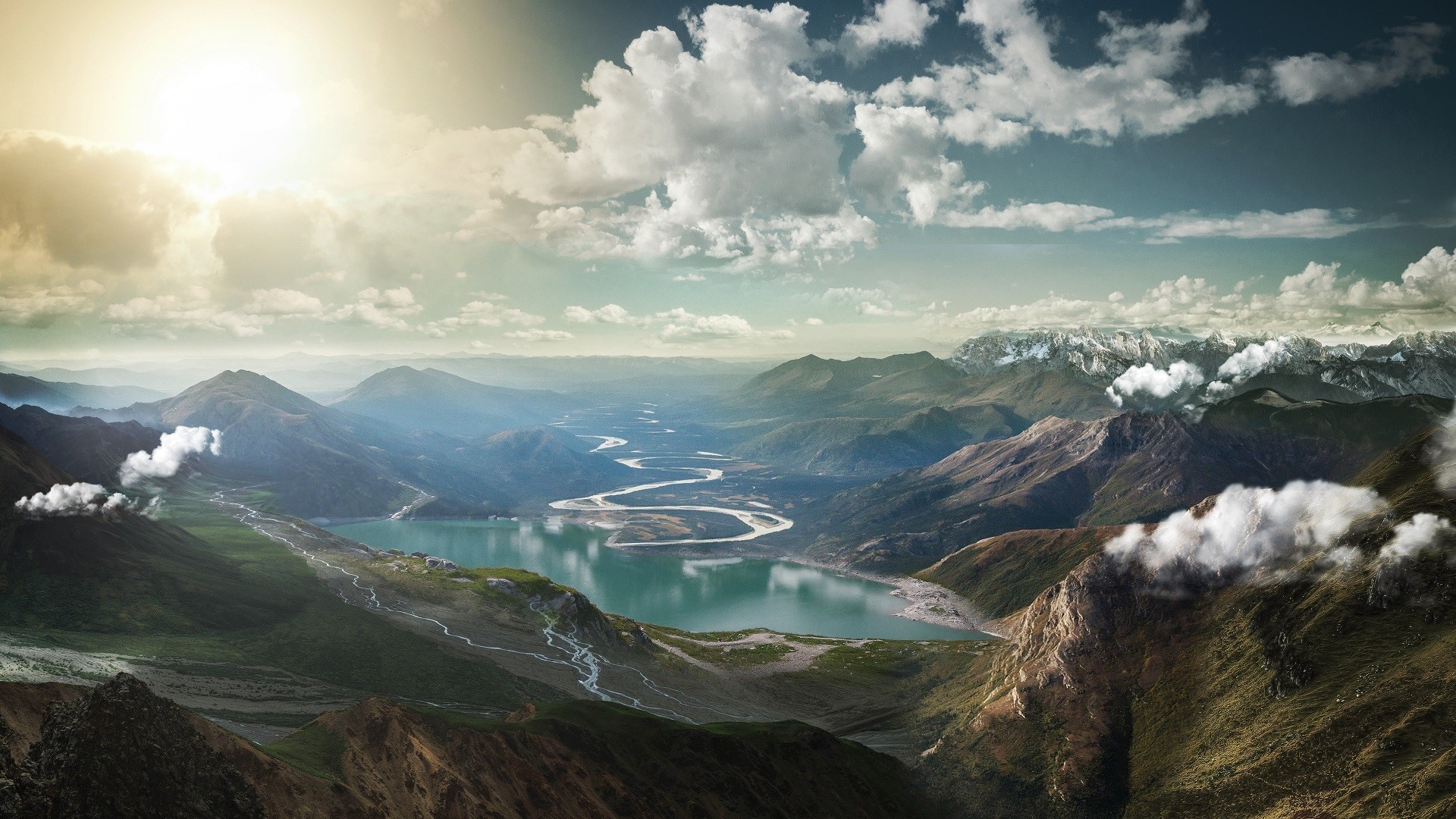 landscape, mountains, lake, clouds, nature, HD Wallpaper