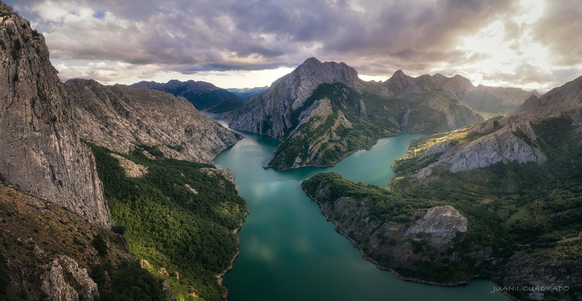 mountains, river, trees, clouds, overcast, landscape, HD Wallpaper