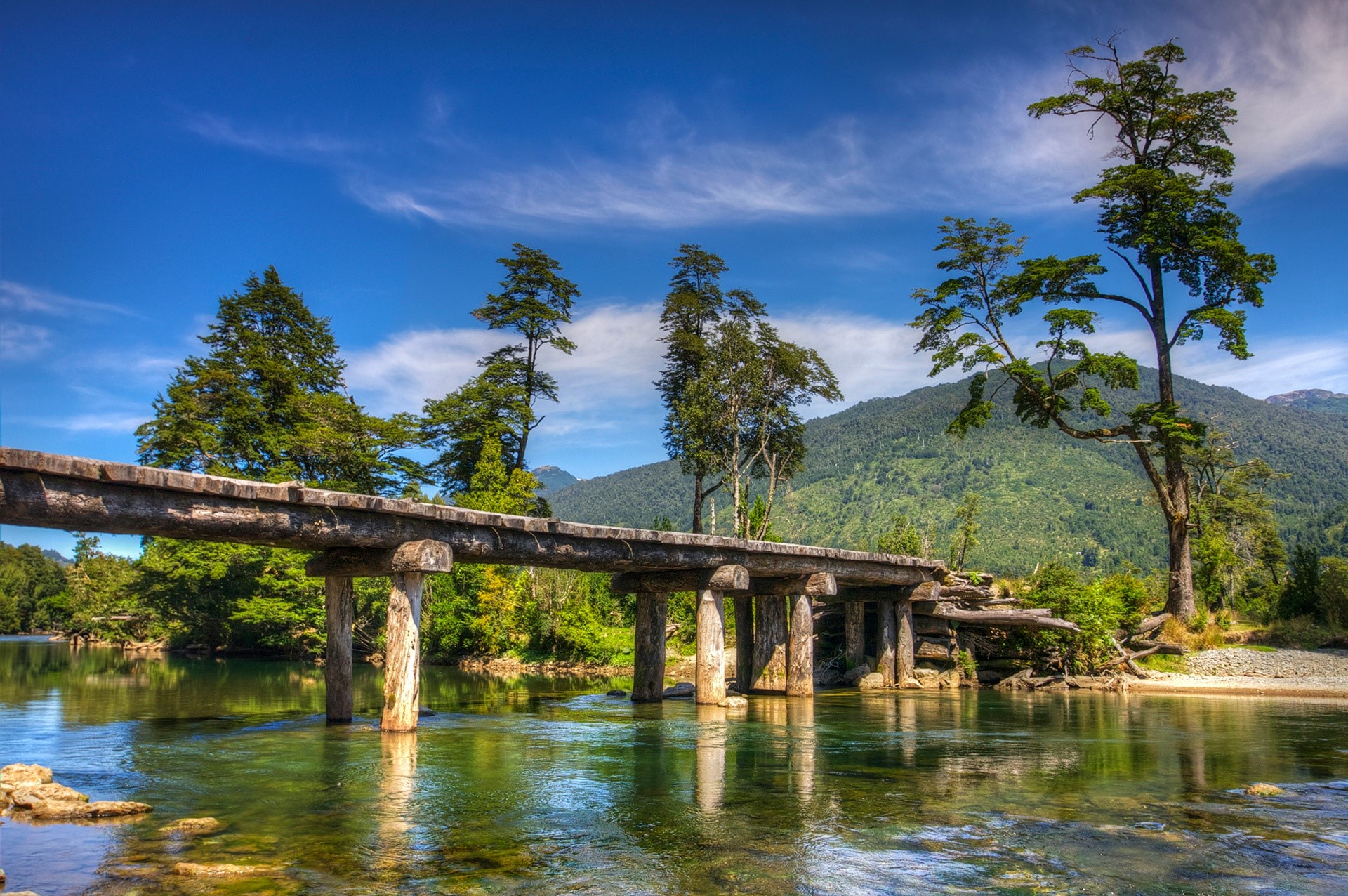 Chile, nature, bridge, outdoors, trees, log, river, HD Wallpaper
