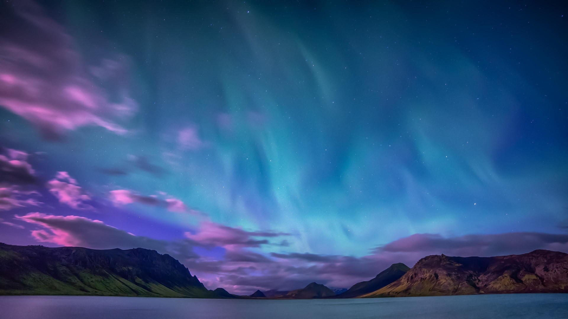 nature, night, sky, stars, aurorae, cyan, blue, far view, purple, HD Wallpaper