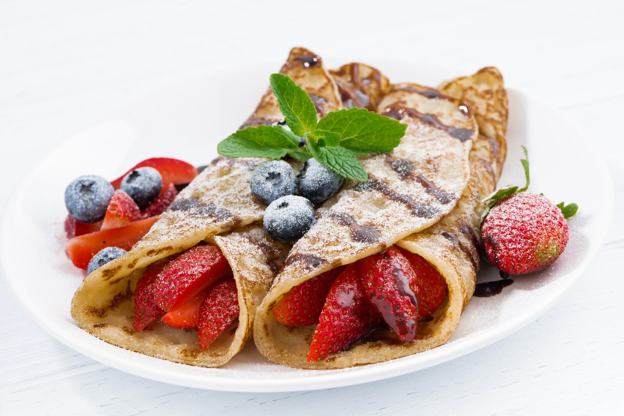 food, sweets, strawberries, crepes, blueberries, mint leaves, sugar, leaves, HD Wallpaper