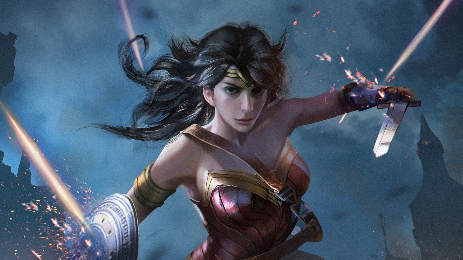 artwork, digital art, Wonder Woman, DC Comics, women, brunette, long hair, shield, sword, HD Wallpaper