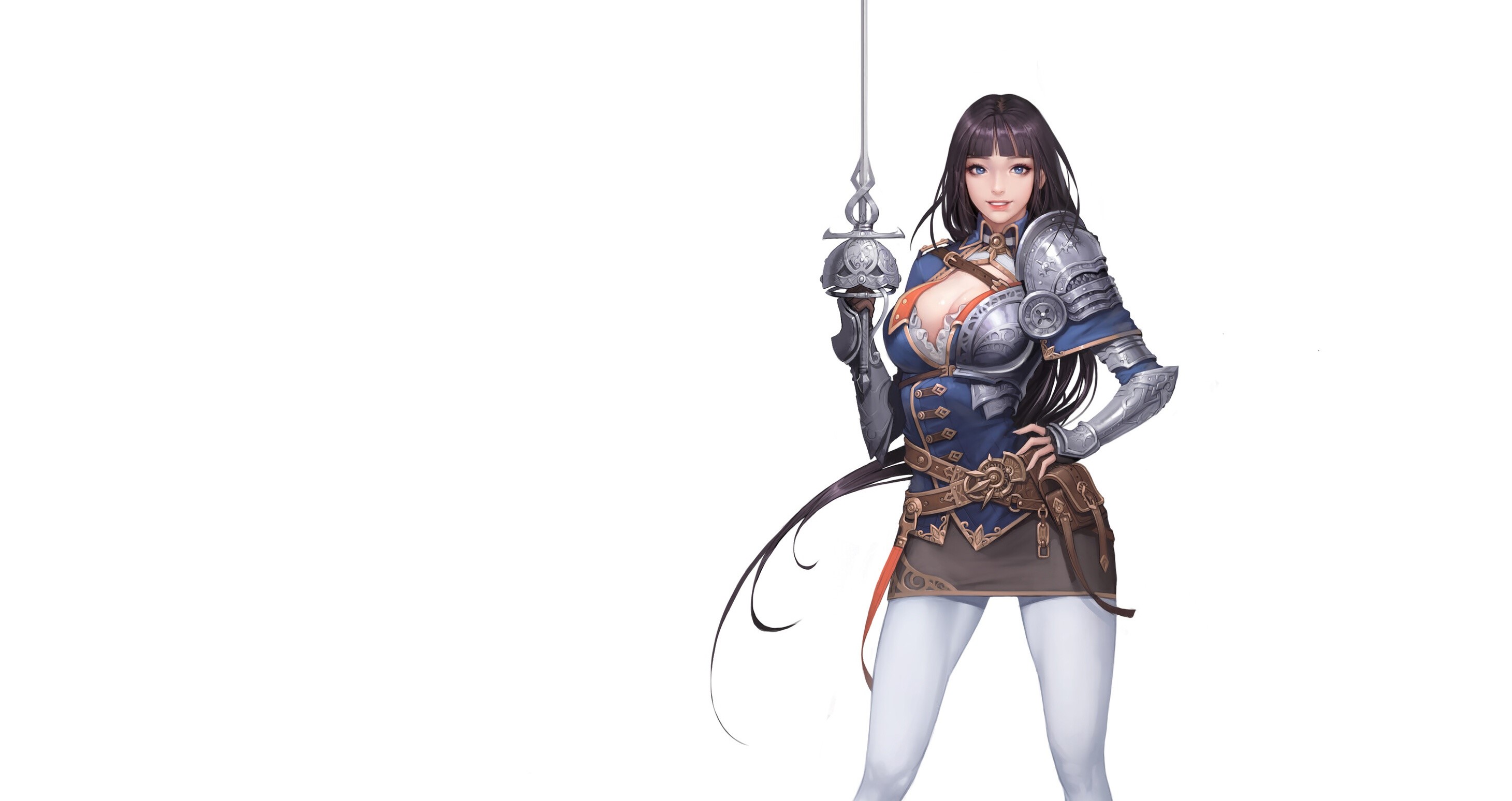 simple background, white background, anime girls, anime, fantasy girl, dark hair, weapon, HD Wallpaper