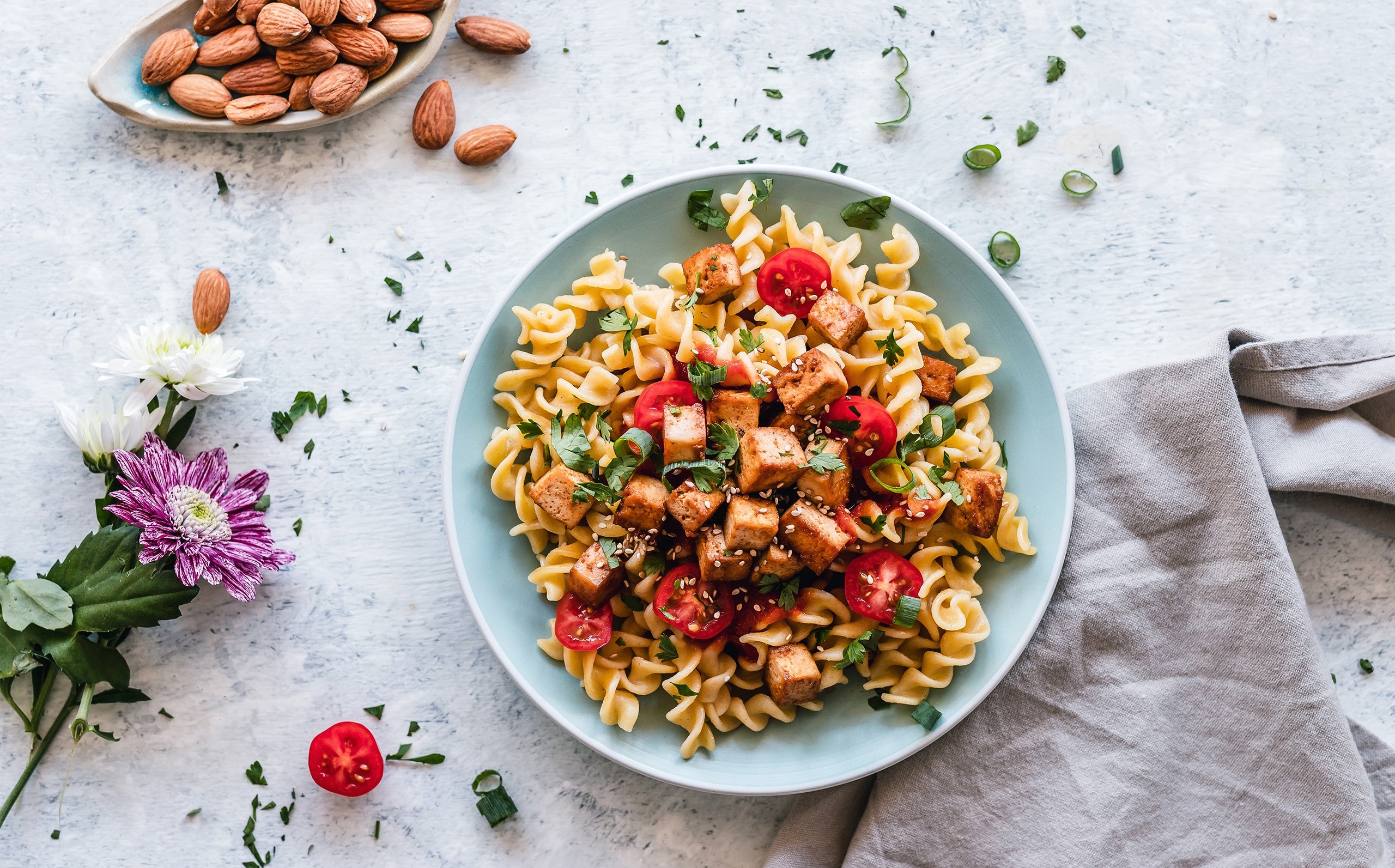 food, tomatoes, pasta, herb, nuts, flowers, almonds, HD Wallpaper