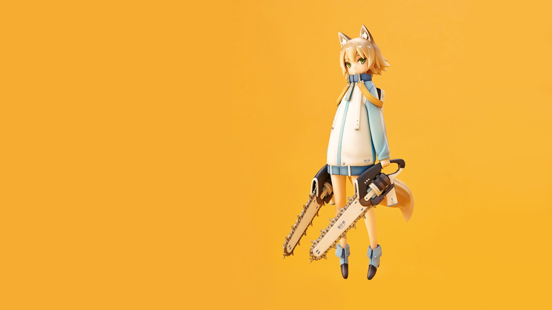 anime, weapon, yellow, yellow background, chainsaws, cat ears, HD Wallpaper