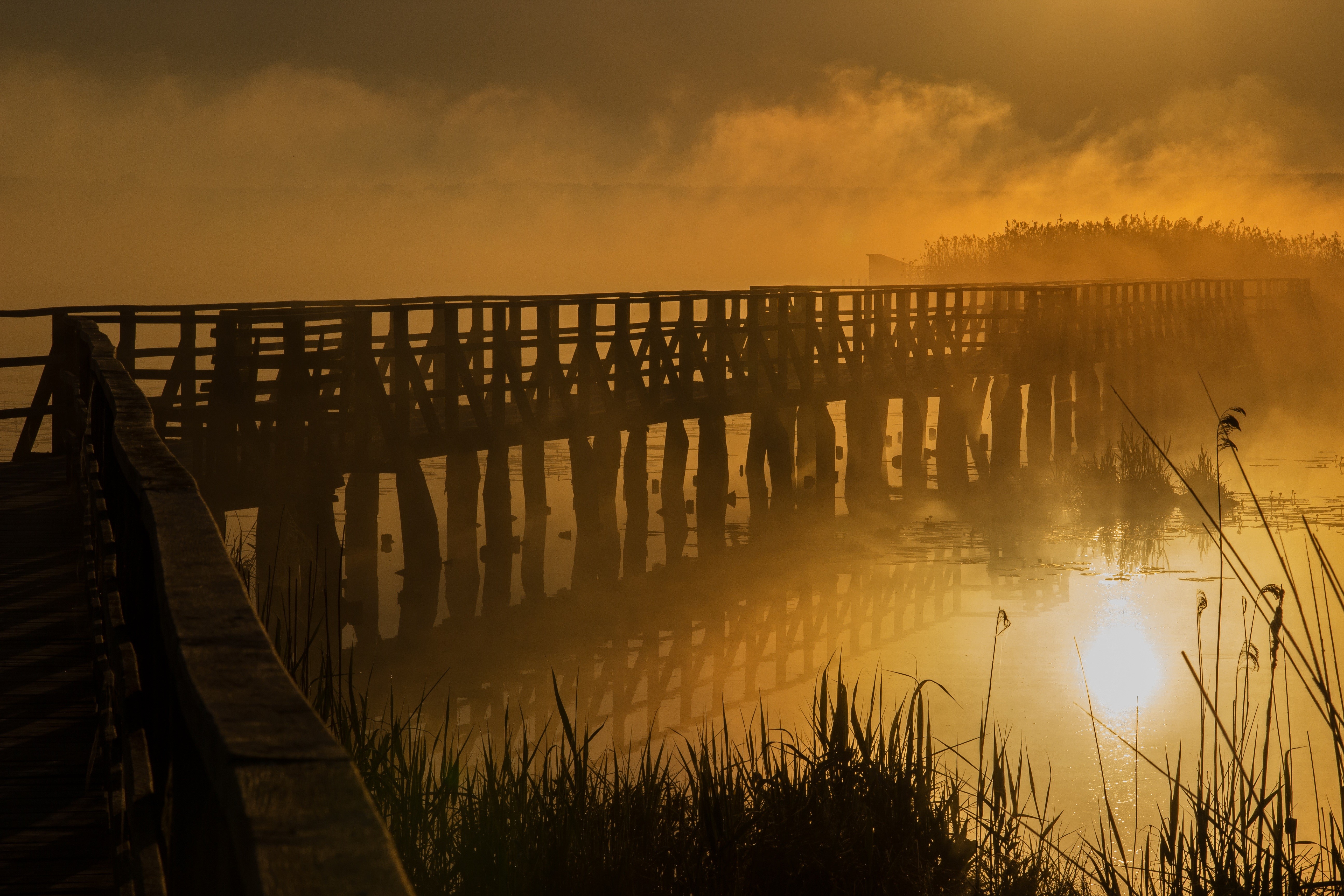 bridge, wooden bridge, river, water, yellow, smoke, mist, HD Wallpaper