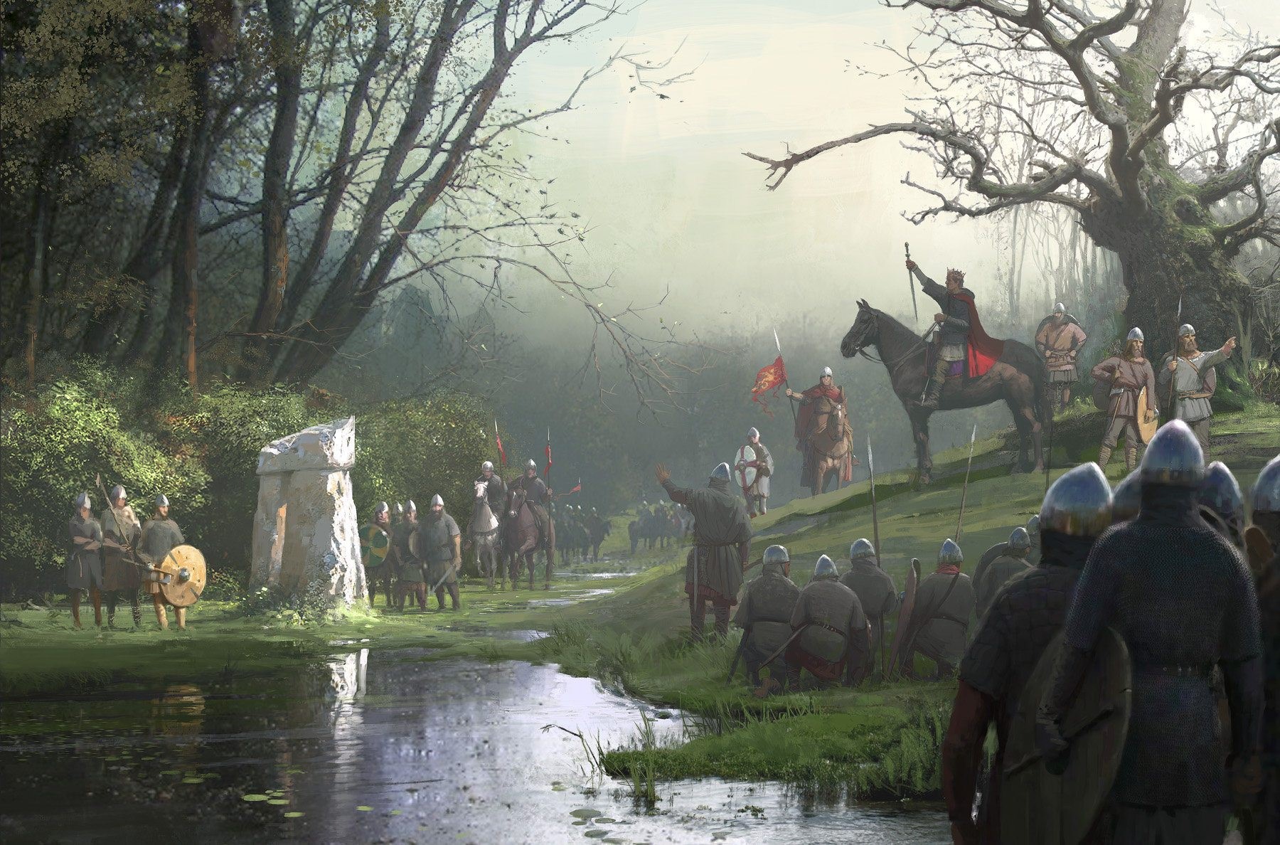 artwork, digital art, king, soldier, river, trees, forest, horse, HD Wallpaper