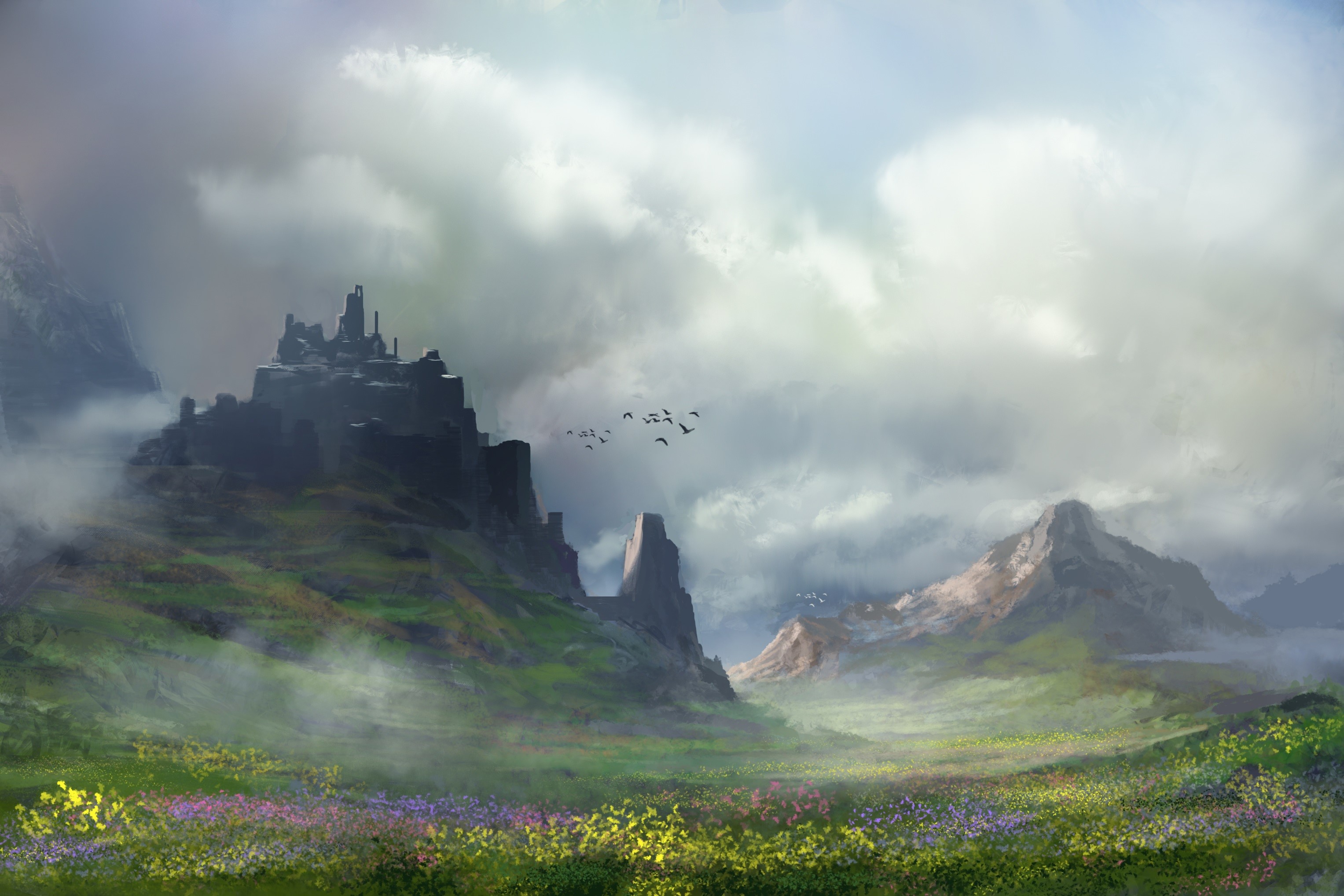 artwork, fantasy art, landscape, nature, mountains, flowers, HD Wallpaper