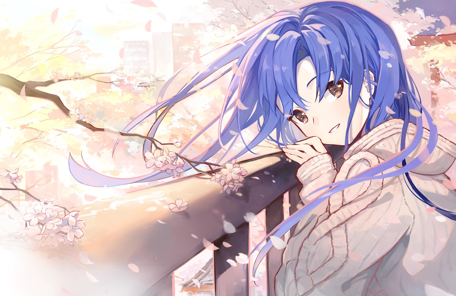 anime, anime girls, digital art, artwork, portrait, long hair, black eyes, blue hair, sweater, trees, city, HD Wallpaper