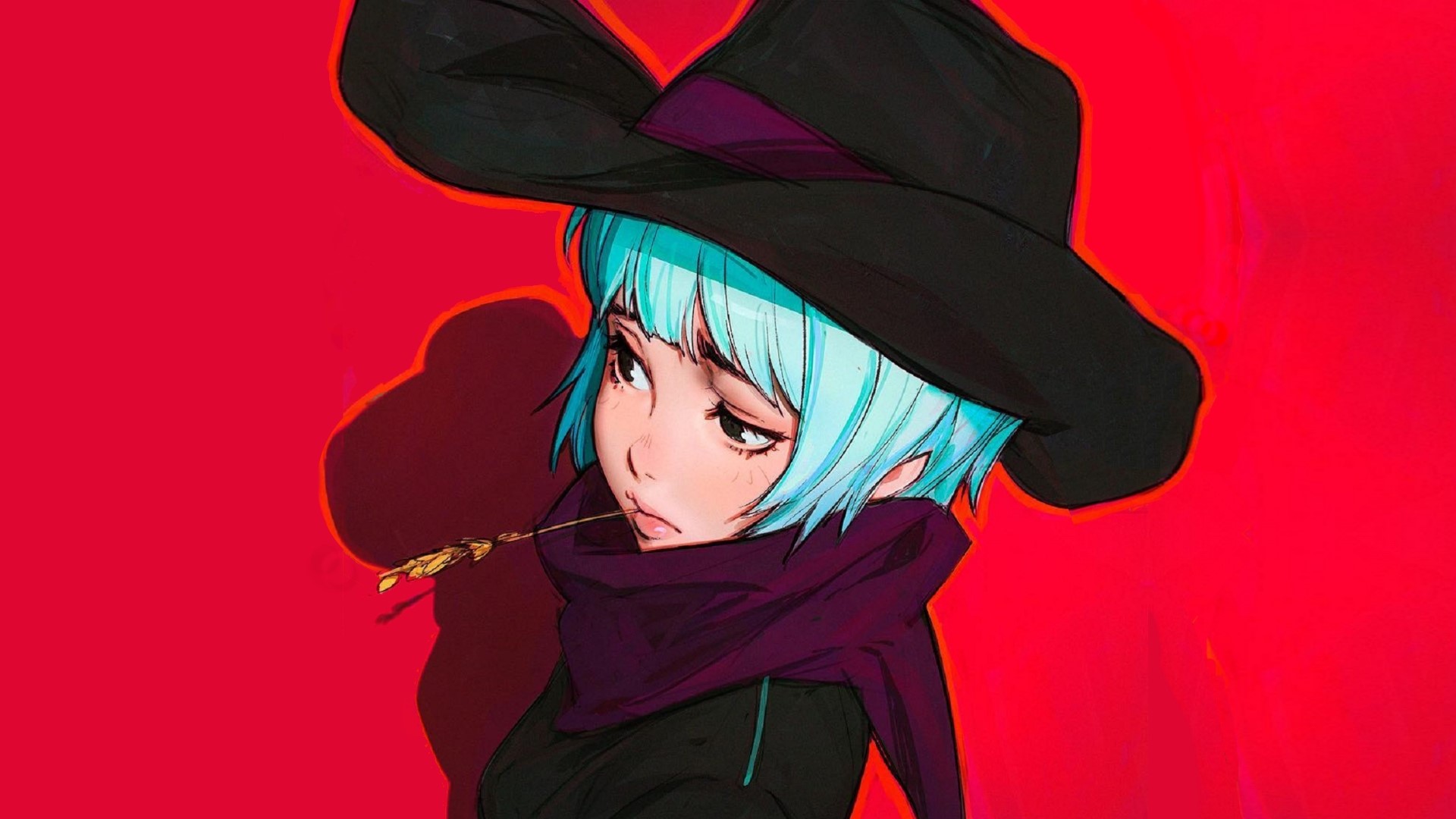 simple background, illustration, artwork, drawing, face, blue hair, short hair, women with hats, hat, red background, minimalism, HD Wallpaper