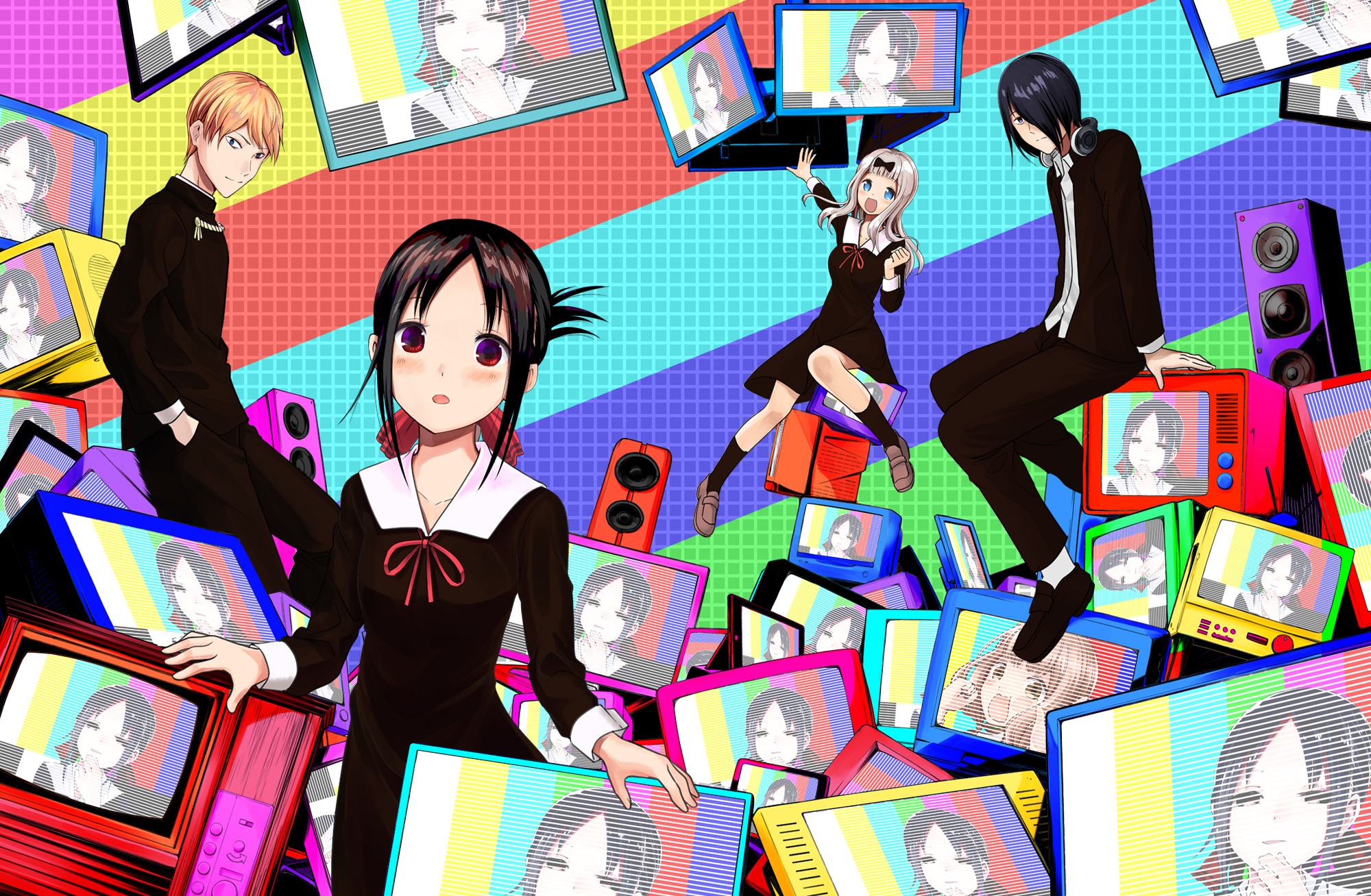 akasaka aka, Kaguya-Sama: Love is War, Chika Fujiwara, ishigami yuu, Kaguya Shinomiya, shirogane miyuki, iino miko, school uniform, short hair, long hair, hair ornament, red eyes, blue eyes, looking at viewer, blond hair, black hair, purple hair, HD Wallpaper