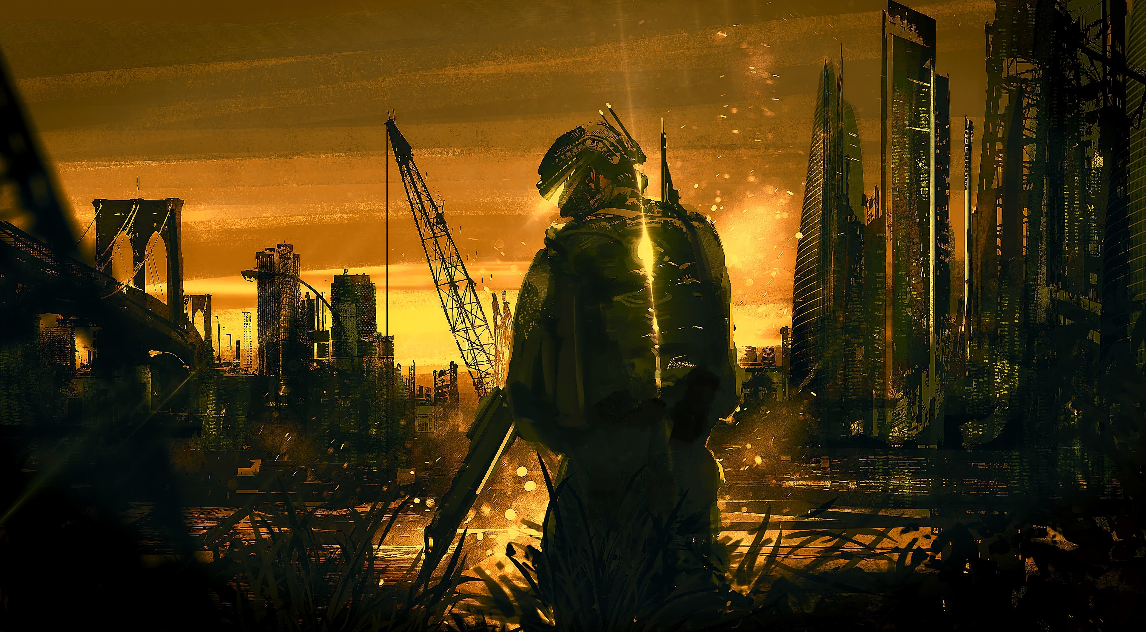 artwork, digital art, futuristic, soldier, city, building, skyscraper, bridge, Manhattan Bridge, HD Wallpaper