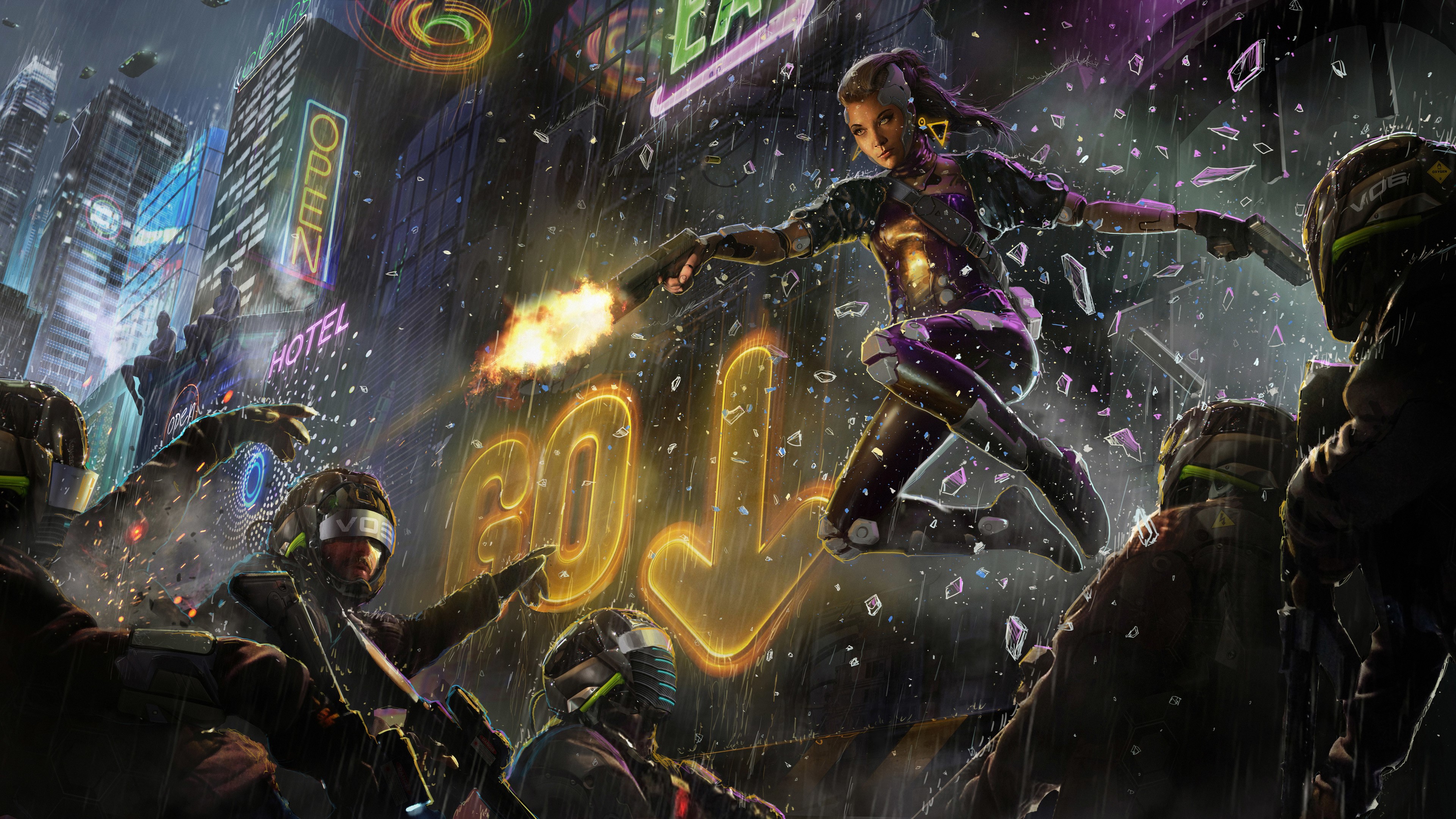 cyberpunk, digital art, futuristic, battle, neon, weapon, gun, rain, science fiction, cyborg, futuristic city, street, women, night, broken glass, HD Wallpaper