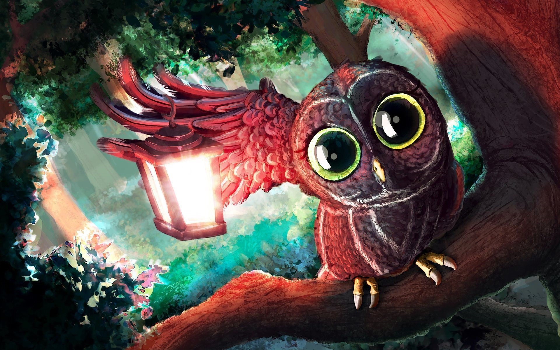 owl, birds, animals, artwork, fantasy art, lantern, trees, forest, nature, HD Wallpaper