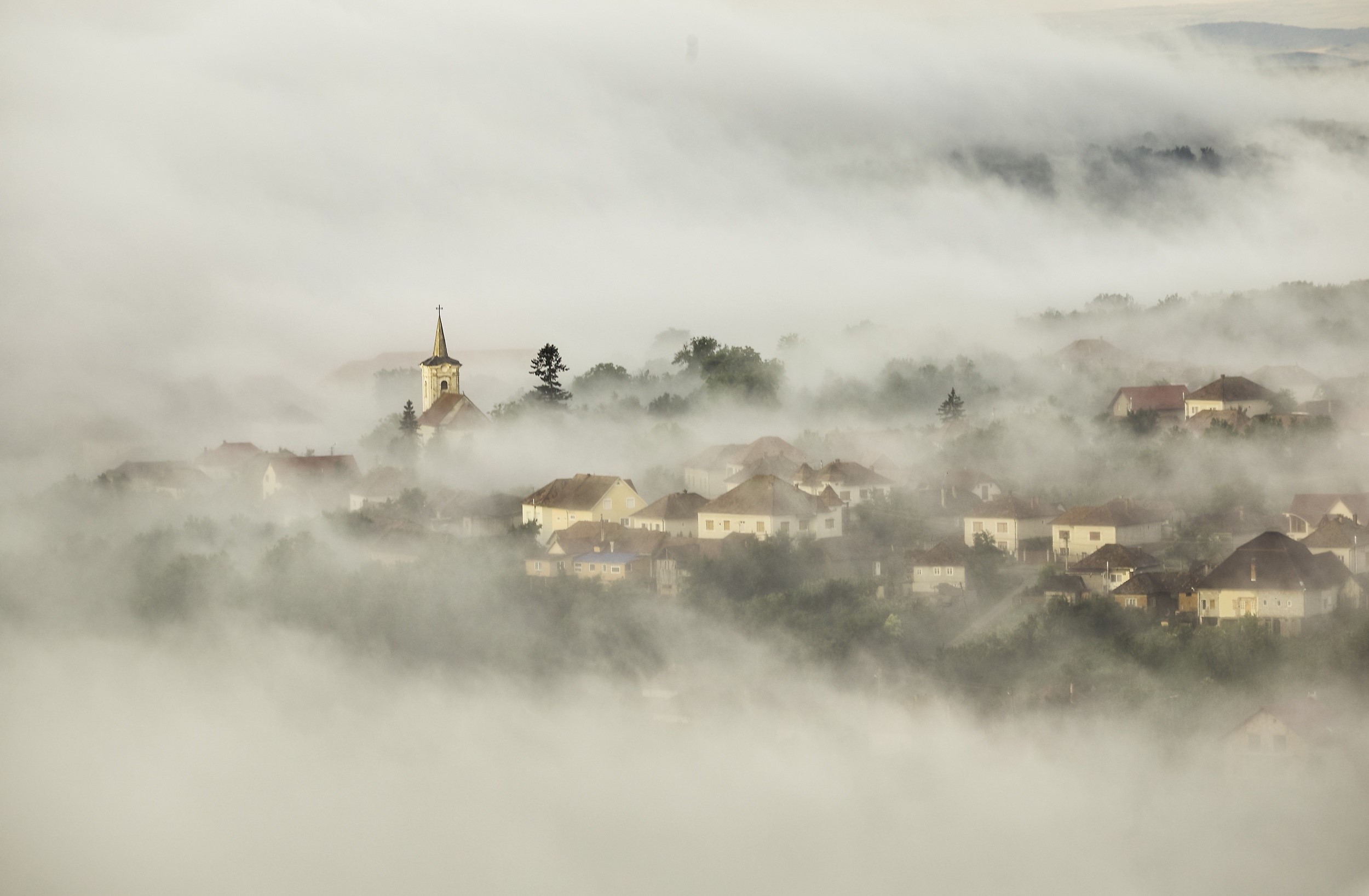 village, mist, church, HD Wallpaper