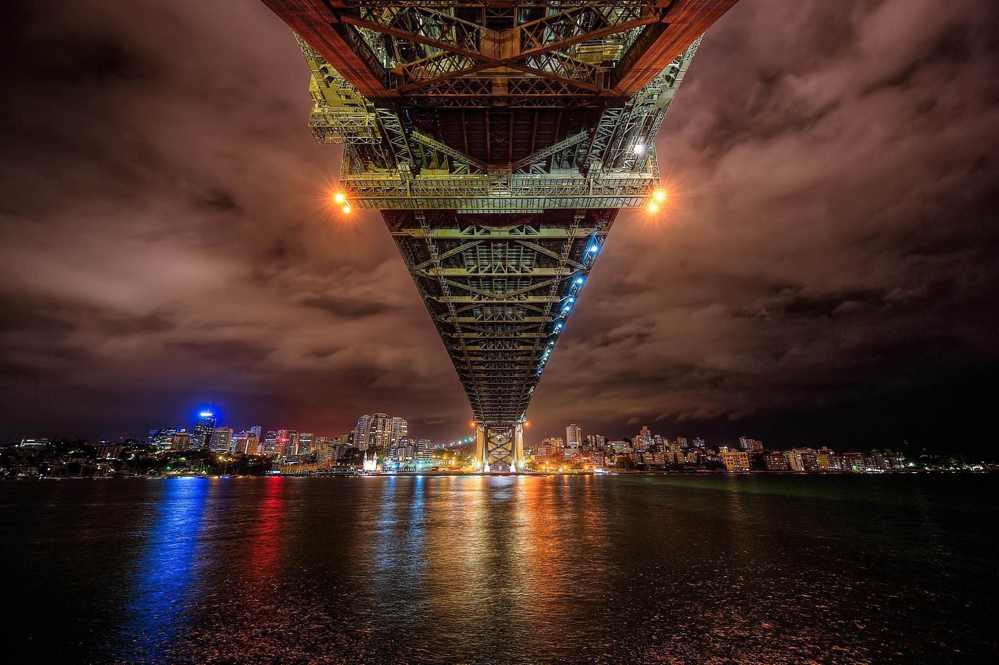 night, city, cityscape, sky, water, lights, bridge, HD Wallpaper