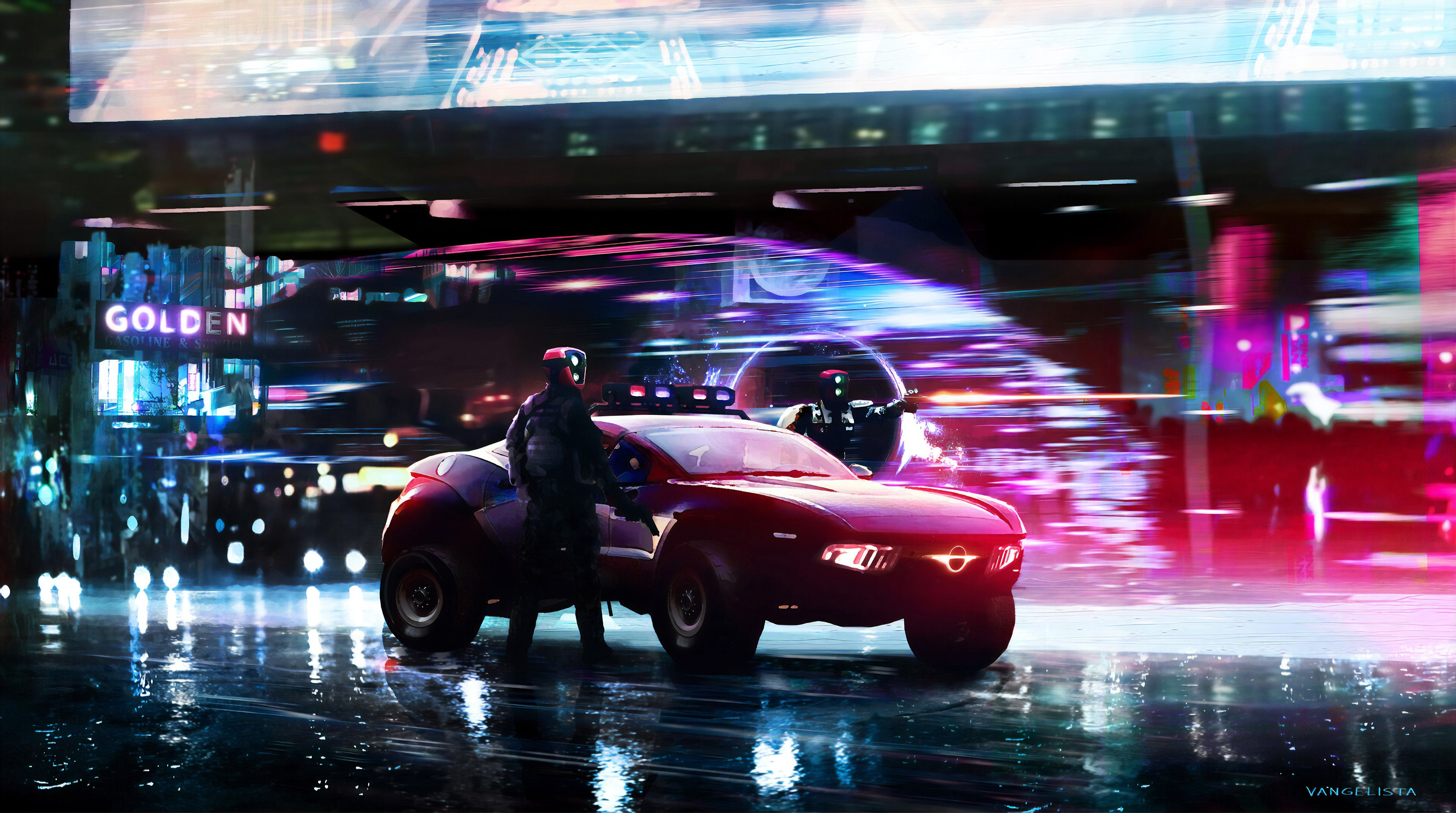 digital, digital art, artwork, illustration, futuristic, futuristic city, futuristic armor, vehicle, car, transport, robot, cyborg, city, lights, city lights, reflection, pistol, laser pistol, cyber, cyberpunk, Dark Cyberpunk, dark, concept art, environment, robotic, weapon, science fiction, HD Wallpaper