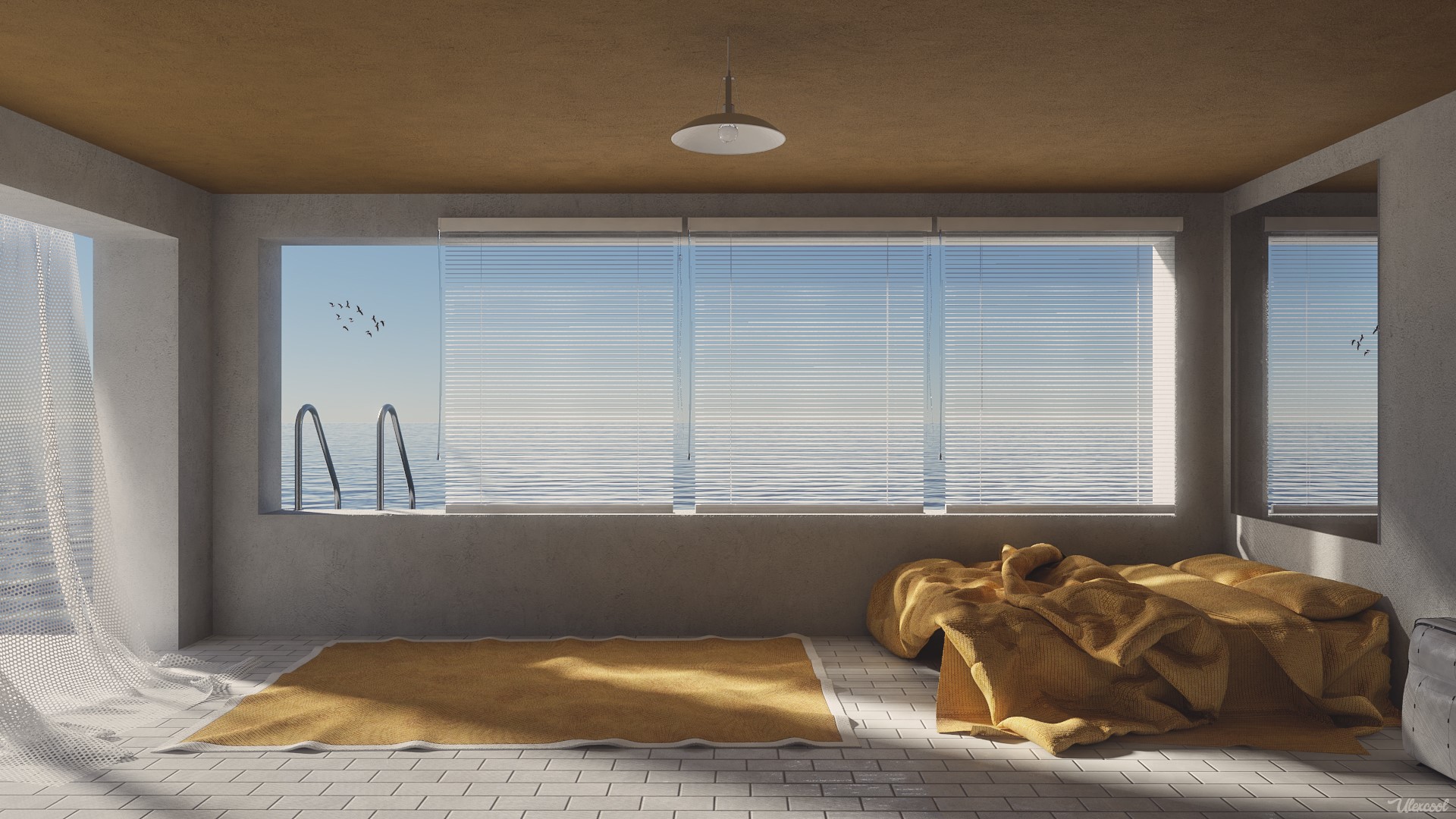 room, bed, window, sunlight, carpet, white, brown, tiles, seagulls, CGI, digital art, render, rendering, water, shadow, HD Wallpaper