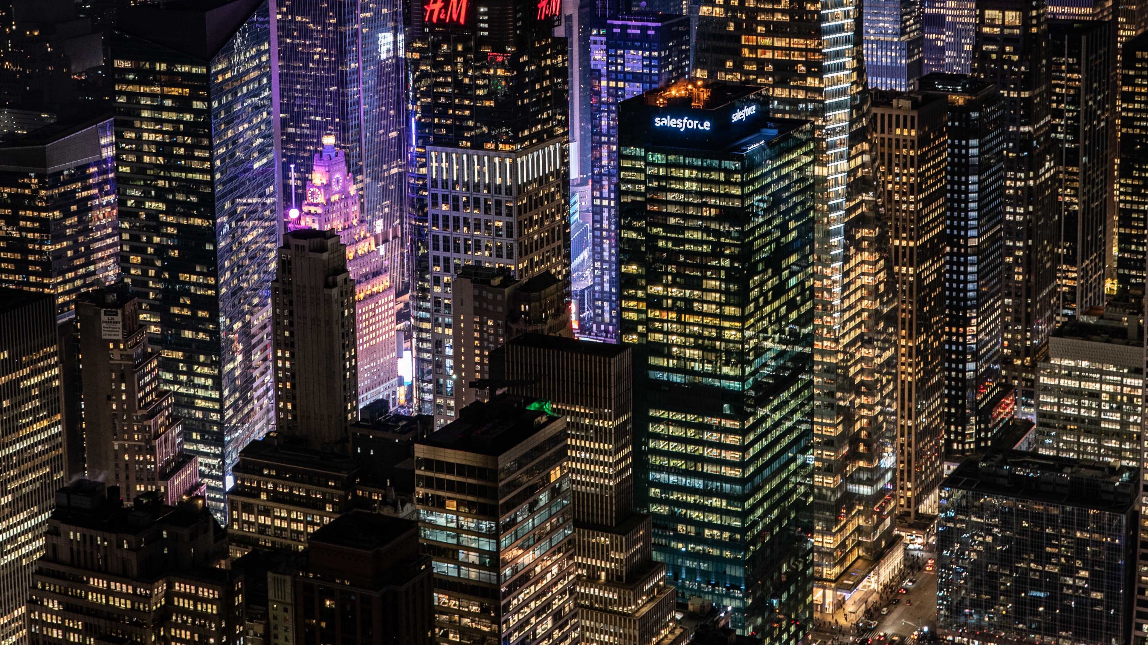 night city, lights, buildings, glow, 4k, HD Wallpaper