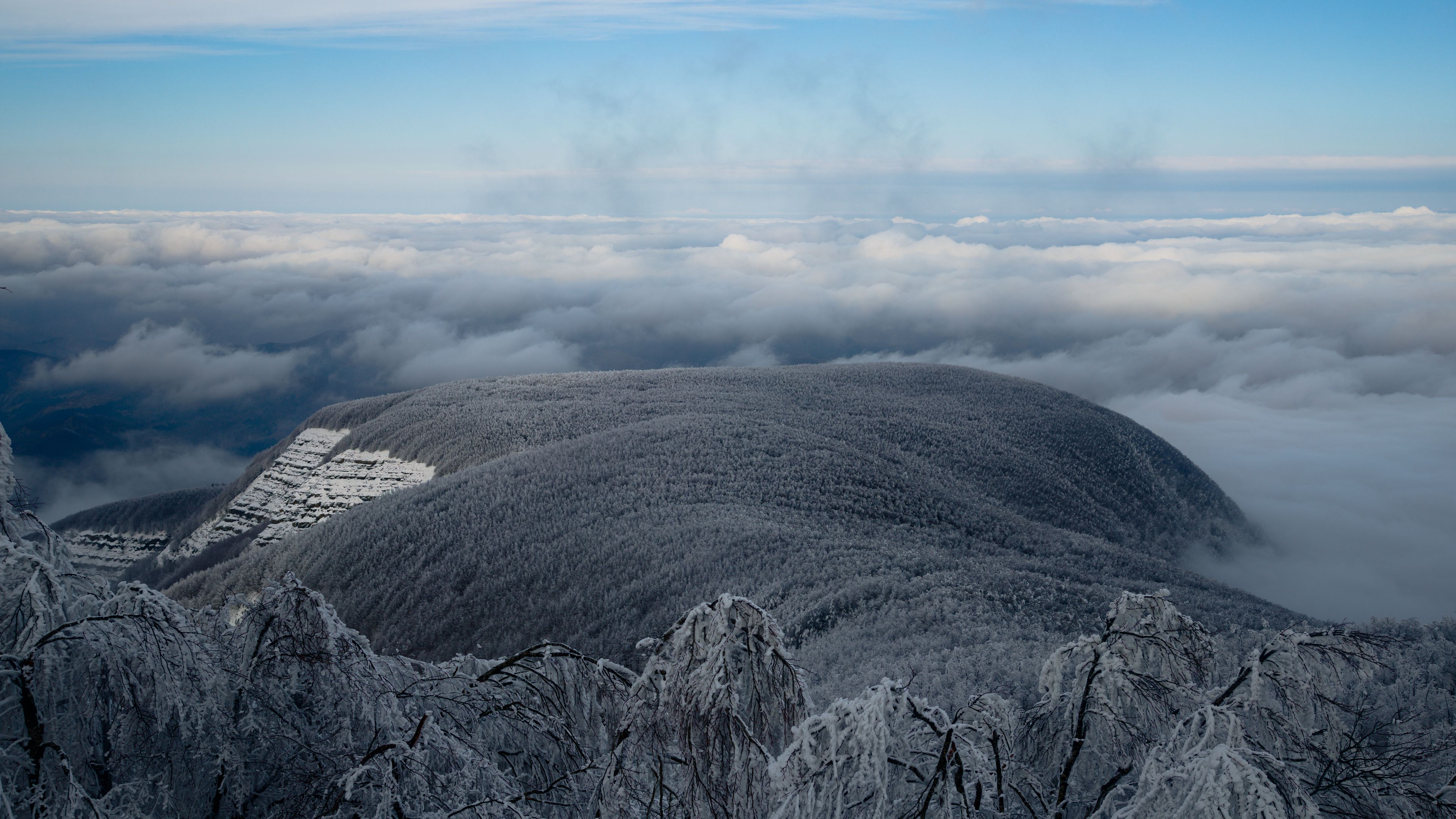 mountain, winter, clouds, frost, peak, sky, 4k, HD Wallpaper