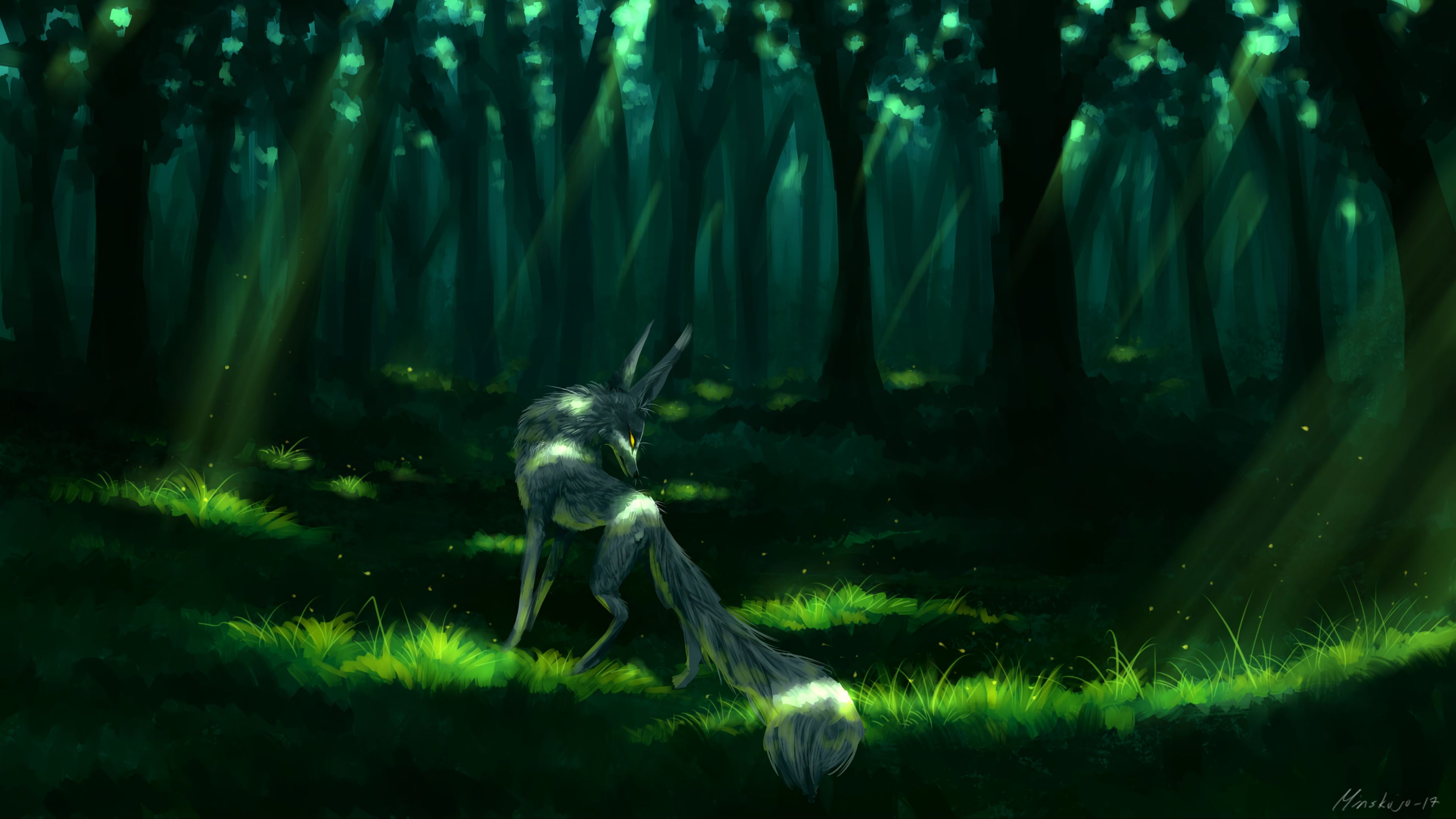 fox, fantastic, art, forest, green, 4k, HD Wallpaper