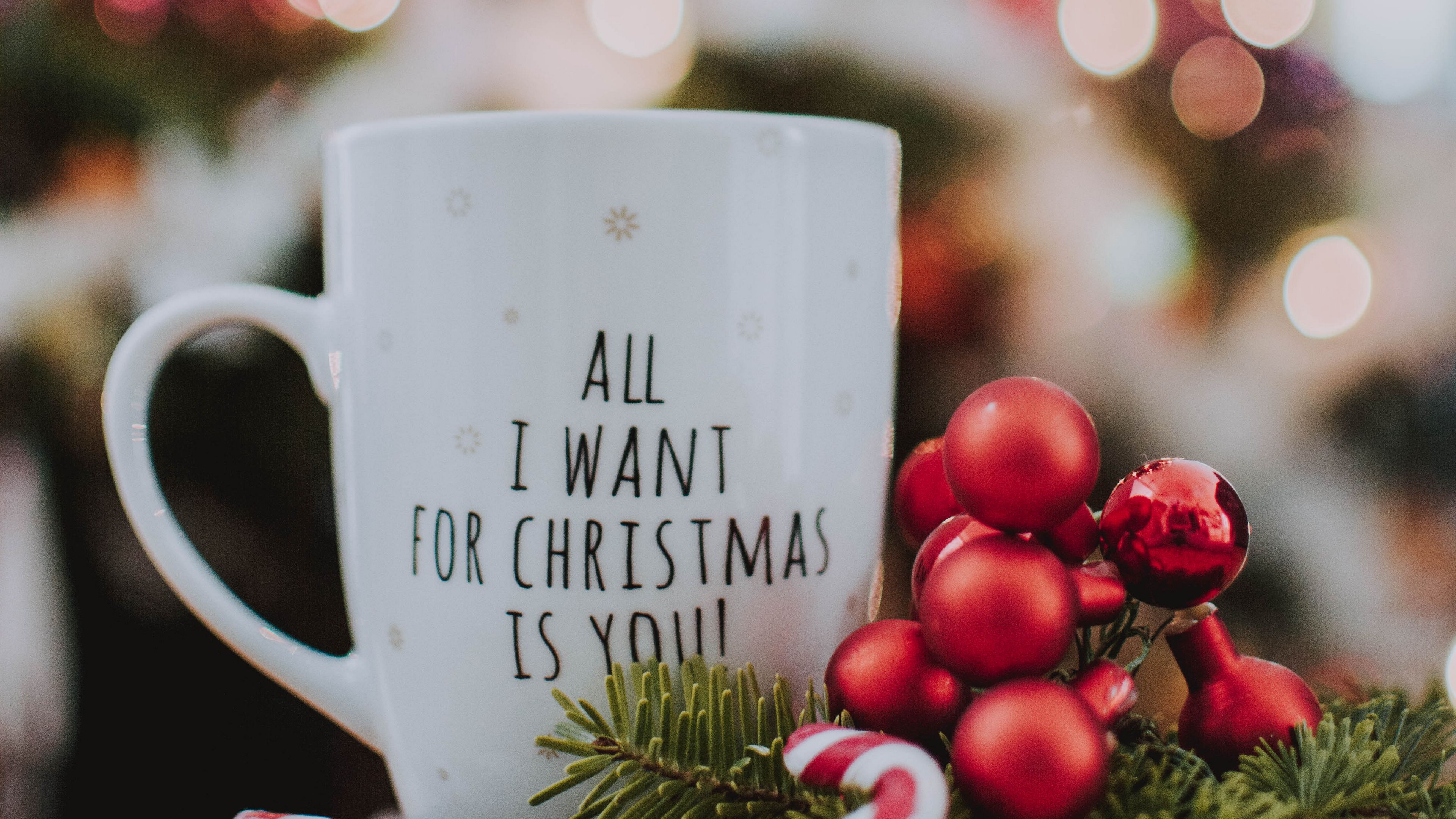 mug, inscription, christmas, new year, glare, bokeh, 4k, HD Wallpaper