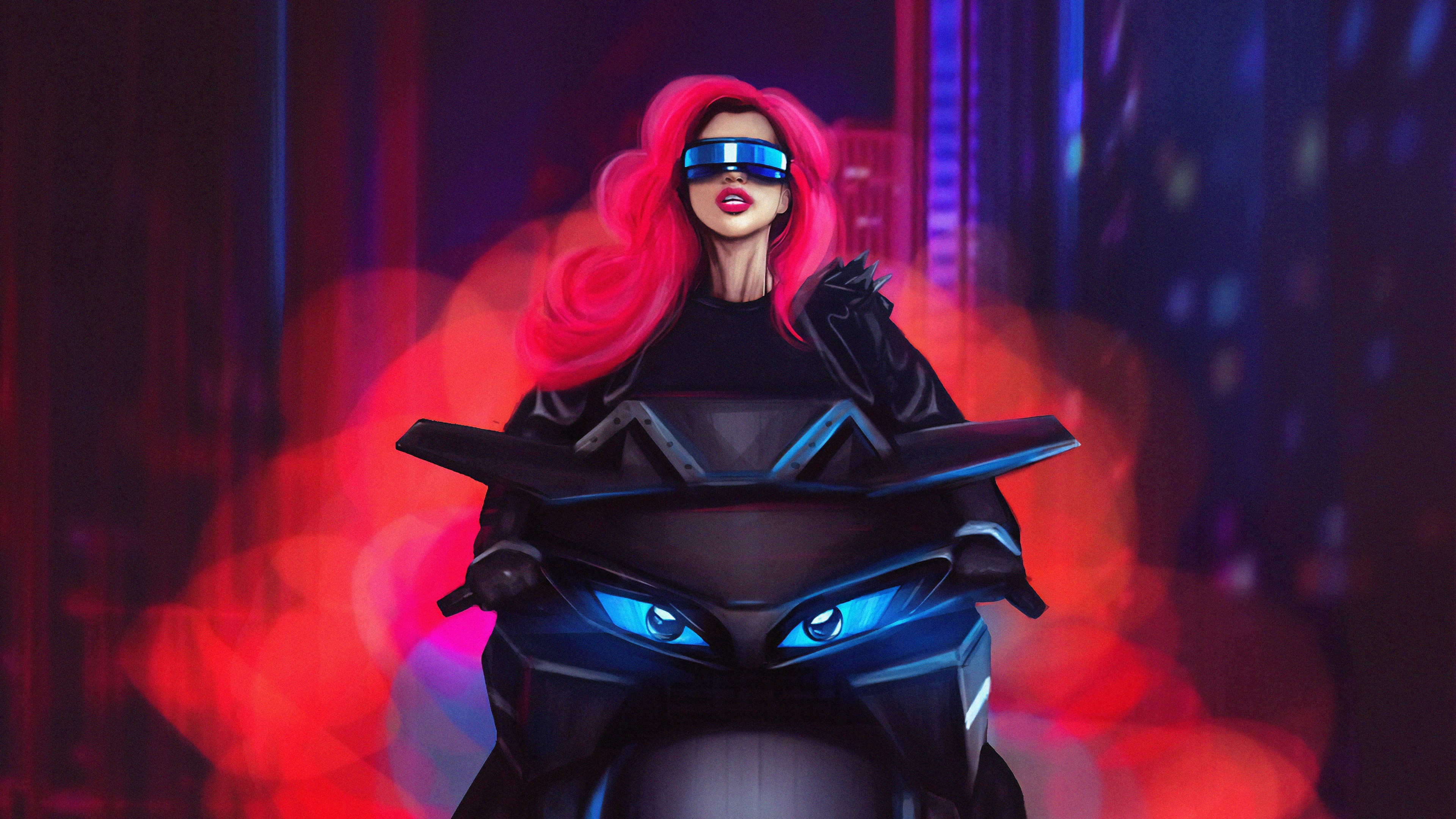 digital, digital art, artwork, illustration, drawing, painting, digital painting, pink, pink hair, women, fantasy girl, bikes, biker, futuristic, original characters, concept art, fictional, fictional character, vehicle, transport, sunglasses, women with bikes, women with glasses, HD Wallpaper