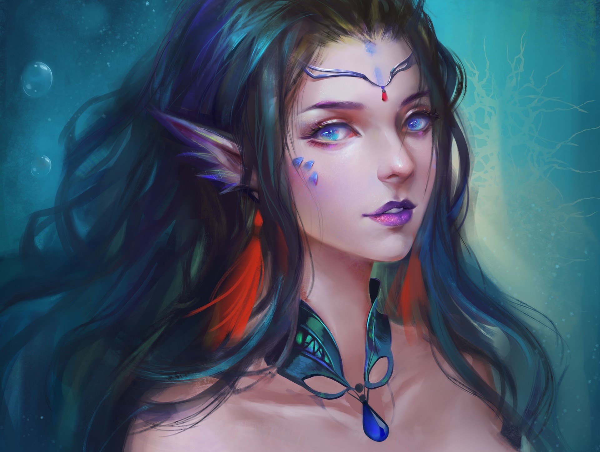 artwork, long hair, fantasy art, fantasy girl, blue eyes, purple lipstick, necklace, blue hair, HD Wallpaper