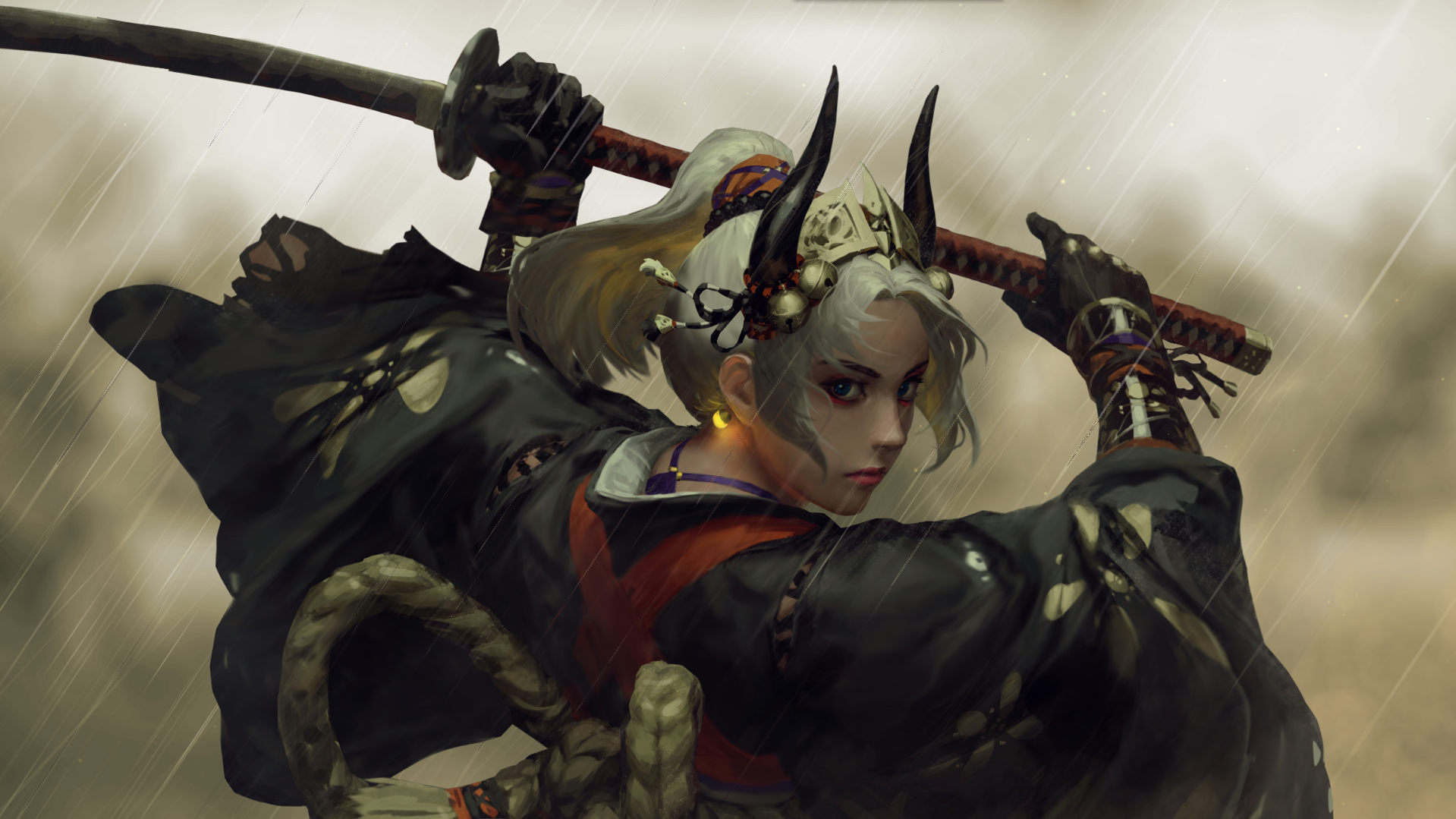 women, samurai, bell, horns, HD Wallpaper