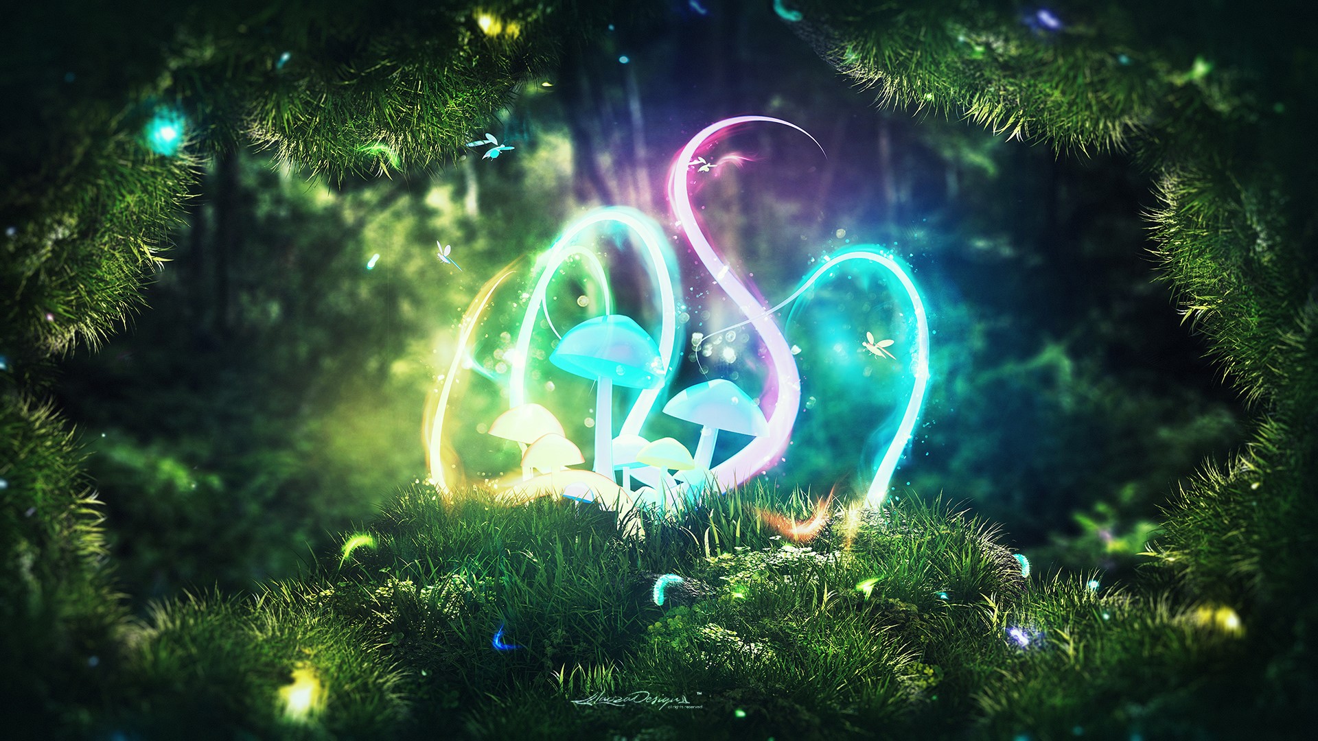 digital, digital art, artwork, illustration, Lacza, lights, mushroom, nature, fantasy art, surreal, Photoshop, retouching, photo manipulation, watermarked, HD Wallpaper