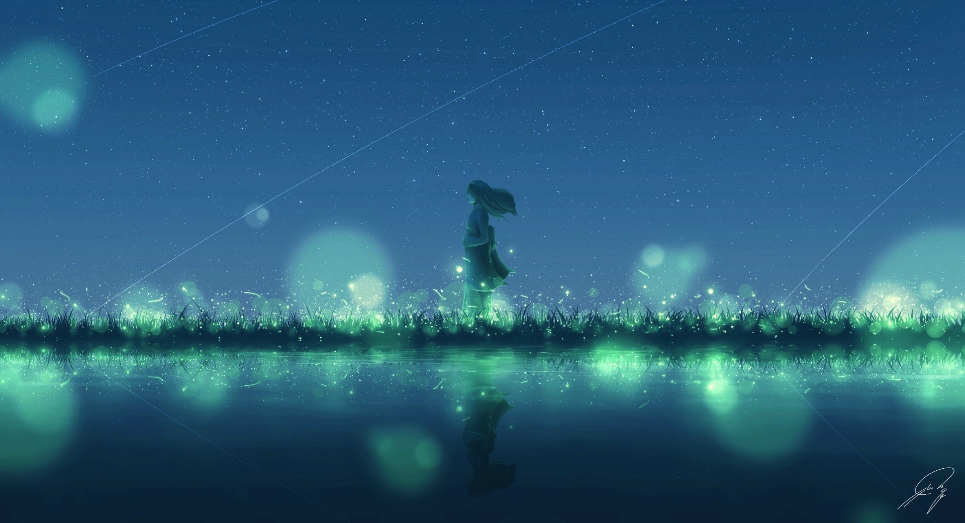 artwork, digital art, women, outdoors, stars, bokeh, HD Wallpaper