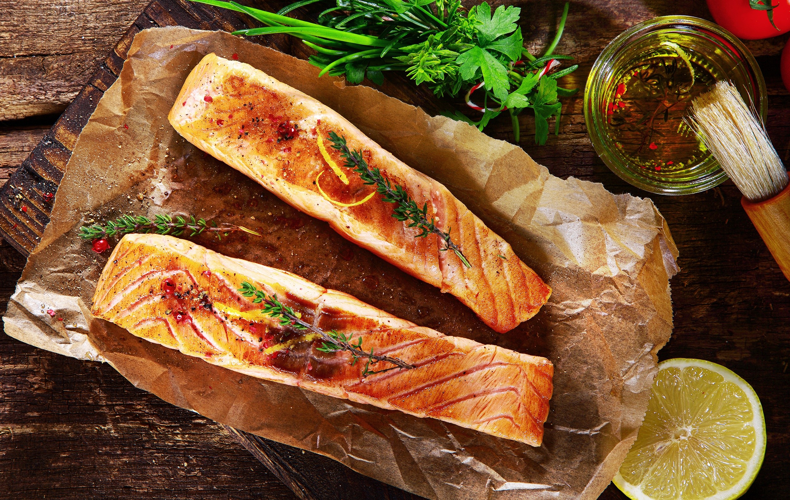 fish, food, lemons, salmon, parchment, cutting board, herb, parsley, HD Wallpaper