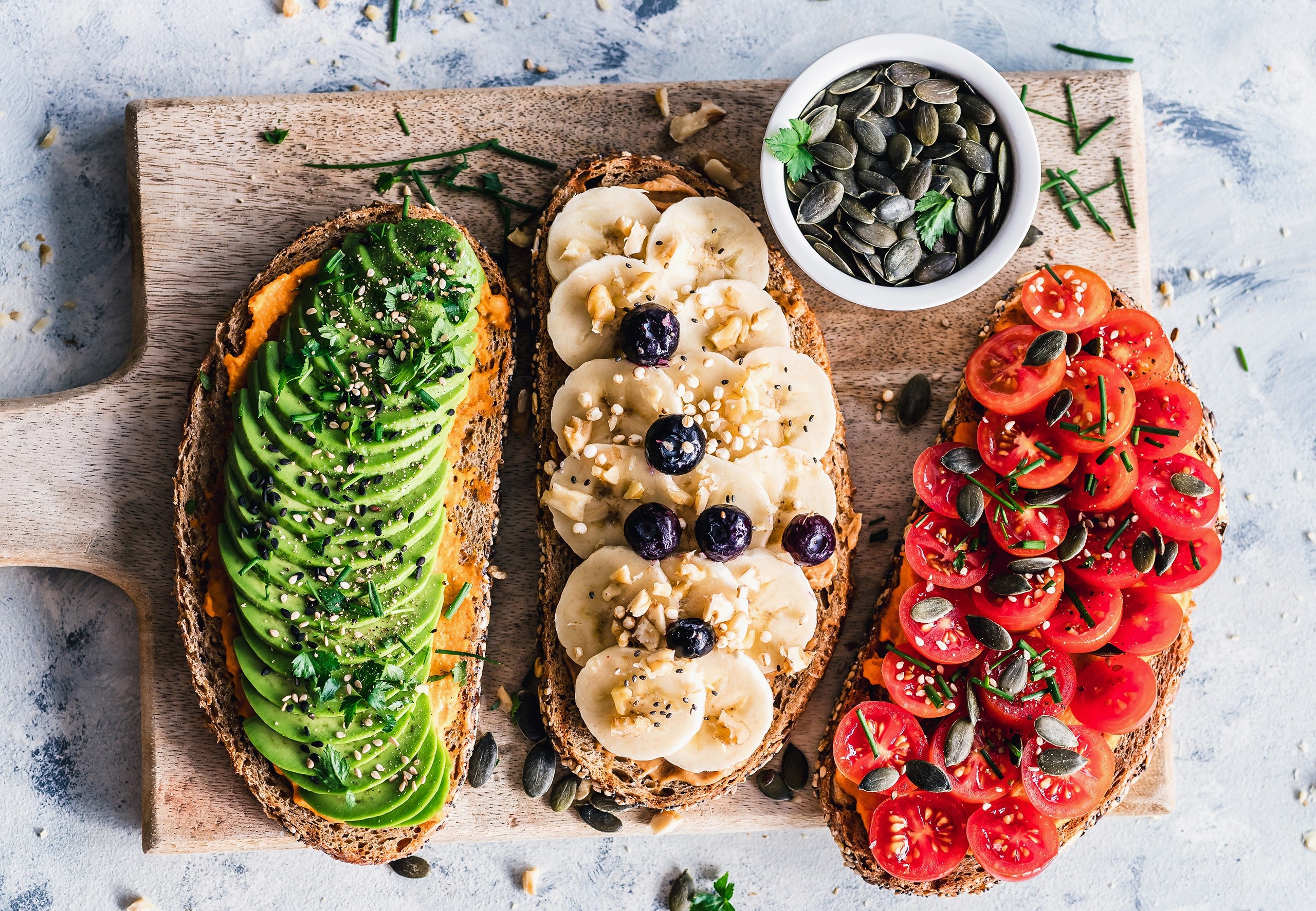 food, bread, bananas, avocados, tomatoes, cutting board, blueberries, HD Wallpaper