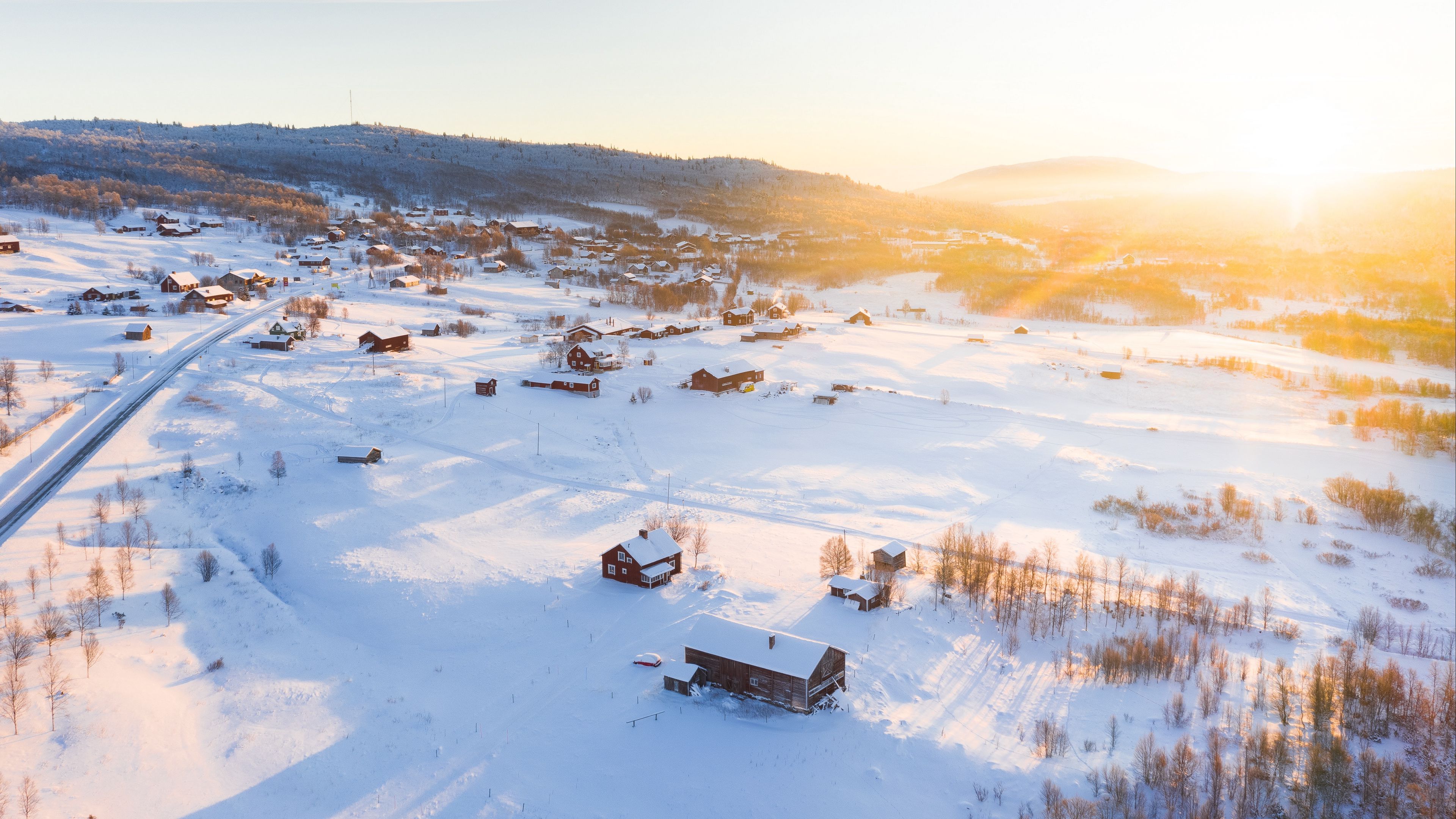 winter, snow, sunshine, village, aerial view, 4k, HD Wallpaper
