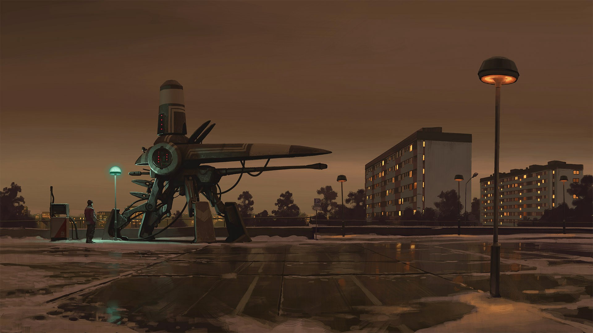 artwork, Simon Stålenhag, street, building, lights, robot, technology, HD Wallpaper