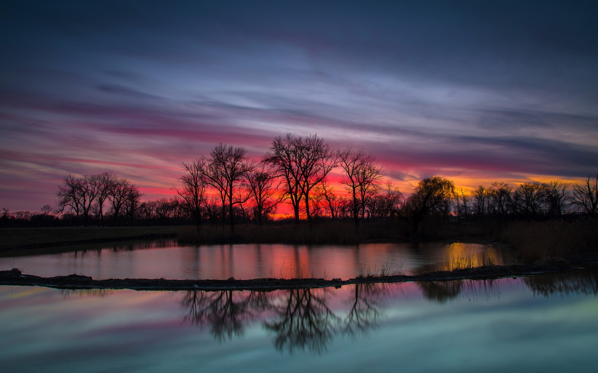 sunset, nature, landscape, reflection, silhouette, HD Wallpaper