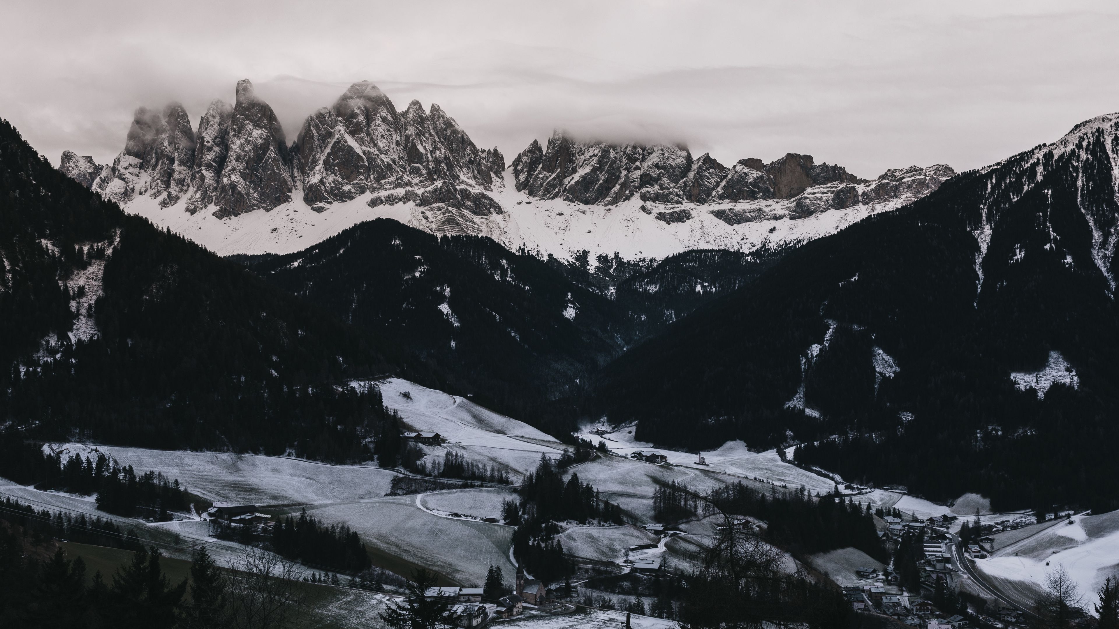 mountains, aerial view, winter, snow, dolomites, italy, 4k, HD Wallpaper