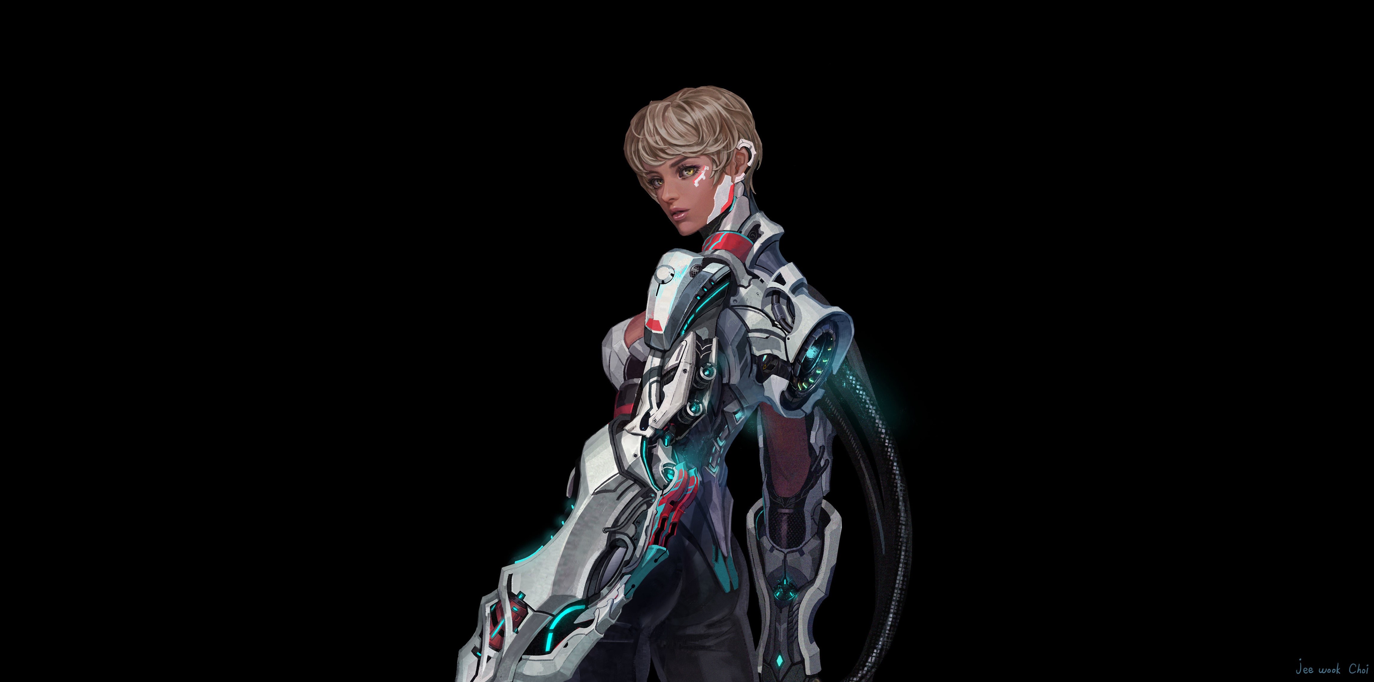 women, artwork, cyborg, machine, simple background, futuristic, HD Wallpaper