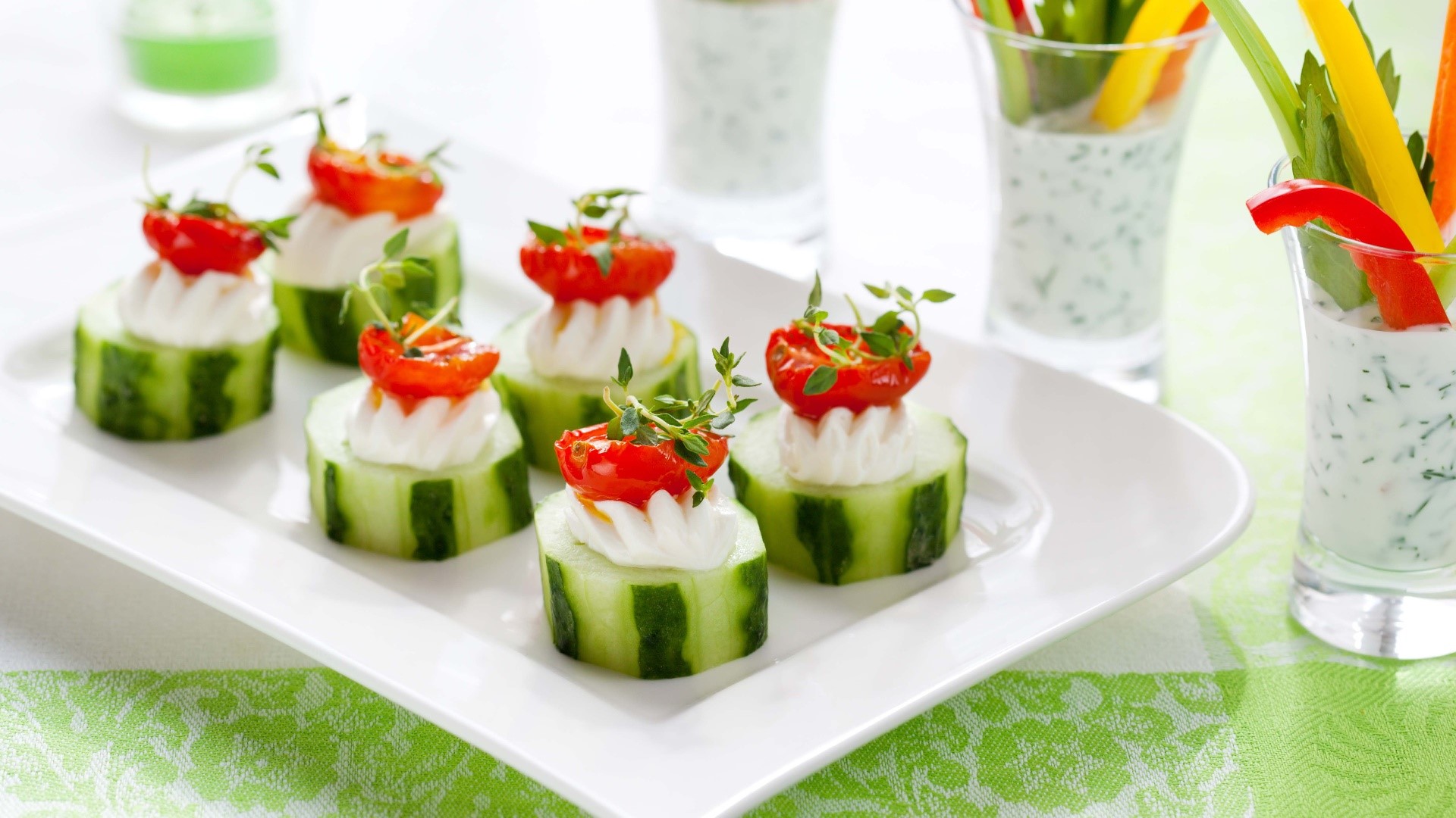 food, red, green, snacks, tomatoes, cucumbers, herb, HD Wallpaper