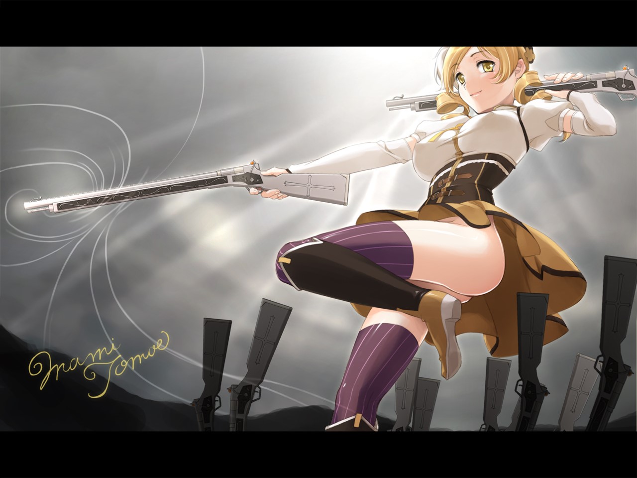 Mahou Shoujo Madoka Magica, gun, anime, anime girls, blonde, rifles, legs, stockings, HD Wallpaper