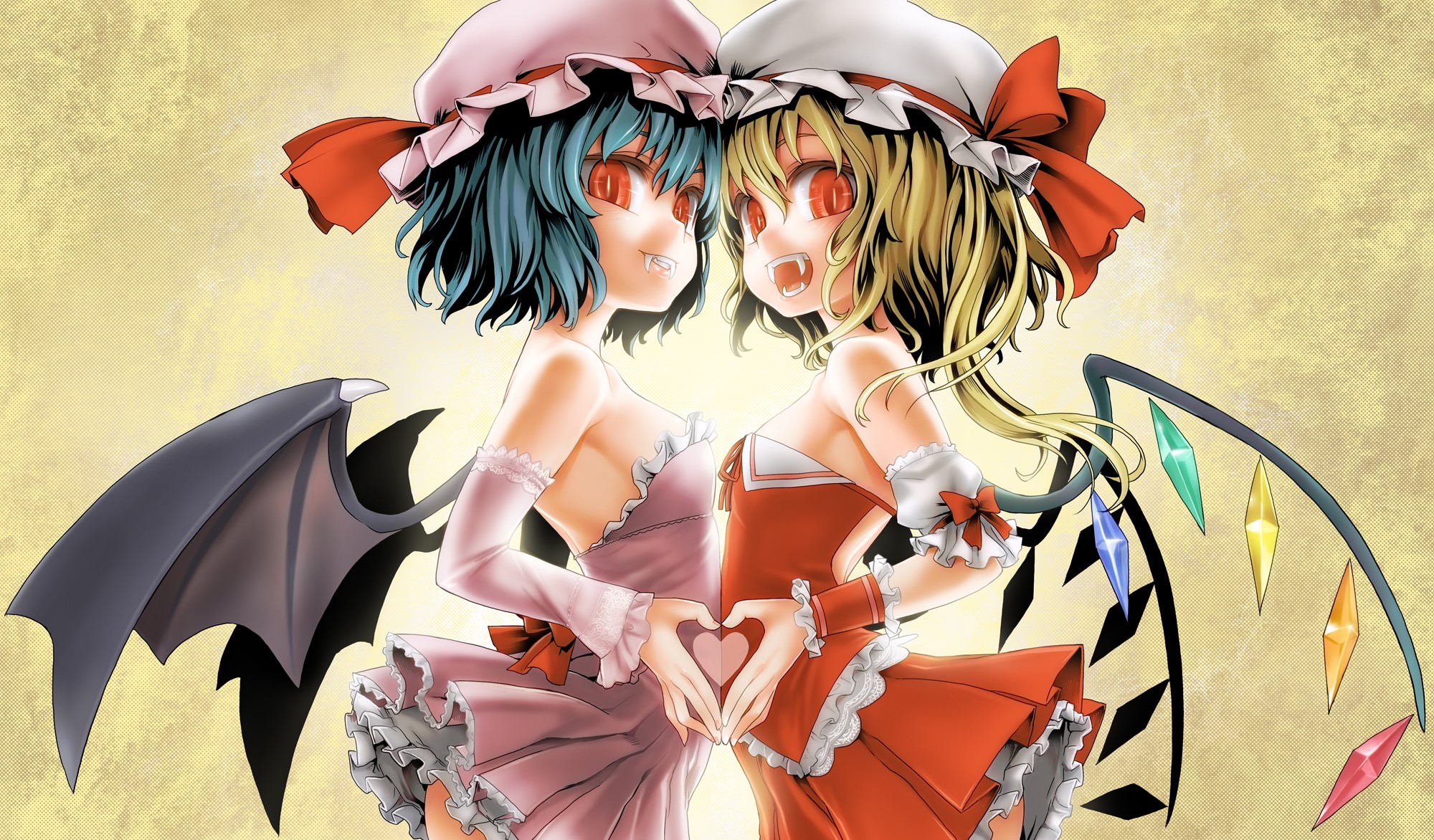 Touhou, Flandre Scarlet, Remilia Scarlet, vampires, anime girls, Heart (Design), wings, red eyes, HD Wallpaper
